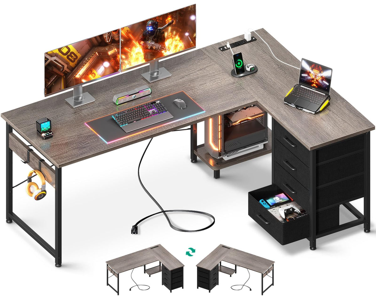 Aodk L Shaped Desk With 4 Tier Drawers, 61' Reversible Gaming Desk With Power Outlets, L Shaped Computer Desk With Usb Charging Port And Host Stand, Home Office Corner Desk, Easy To Assemble, Grey Oak