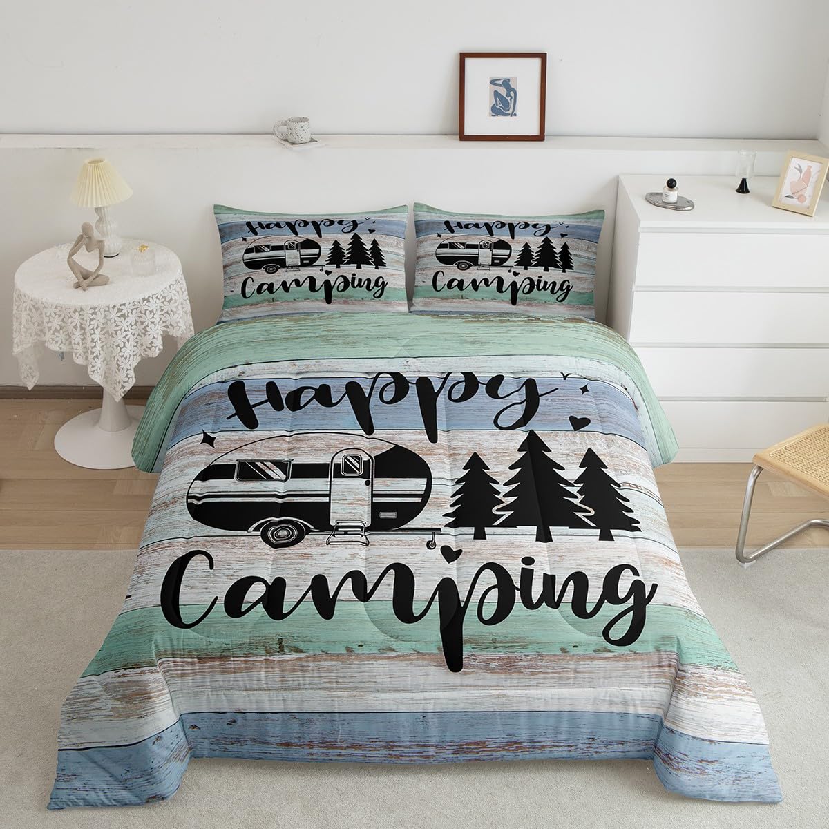 Rv Camper Comforter 3 Pieces,Happy Camping Duvet Set For Boys Kids Teens Rustic Farmhouse Style Bedding,Black Sketch Drawing Bed