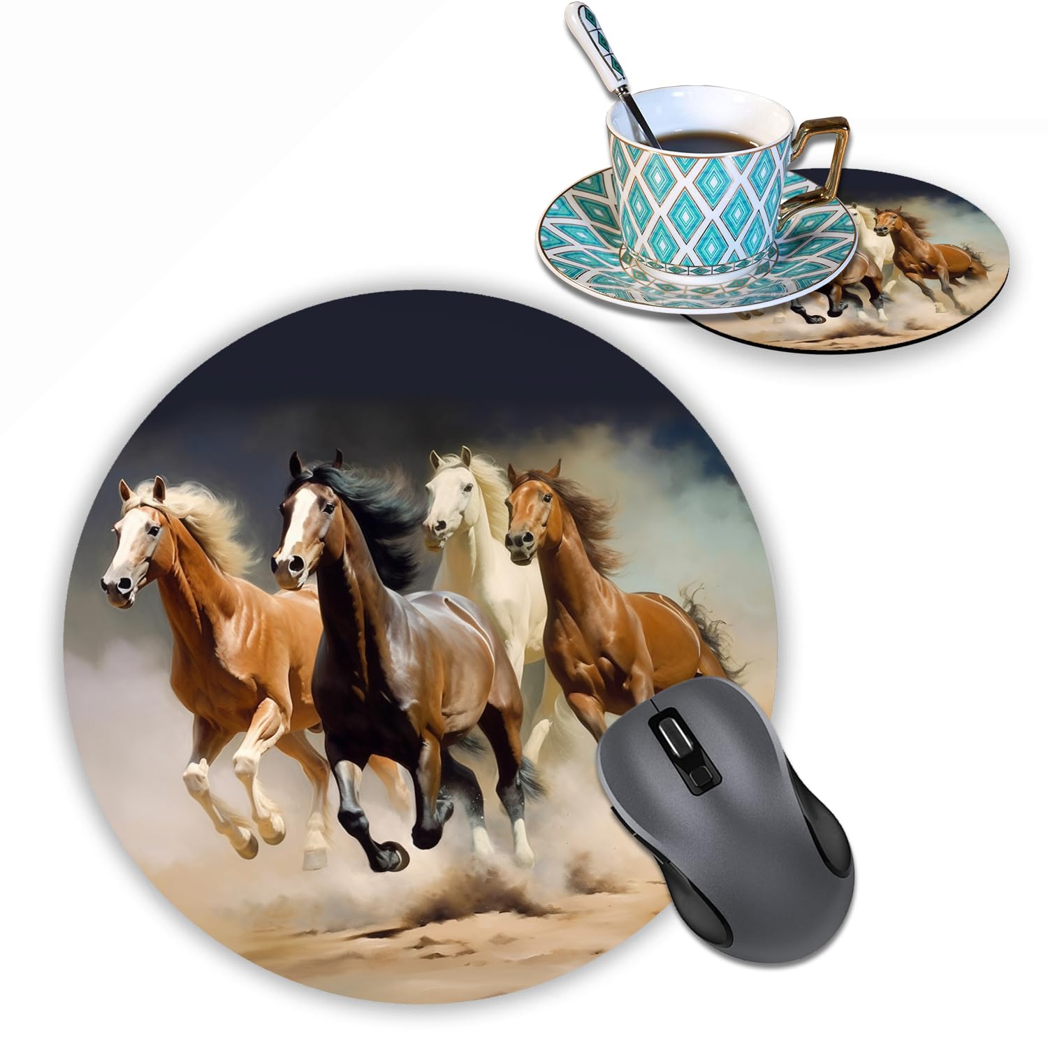 Round Mouse Pad With Coasters Set, Horse Mouse Pad, Running Horse Design Mouse Pad Non-Slip Rubber Mousepad Office Accessories D