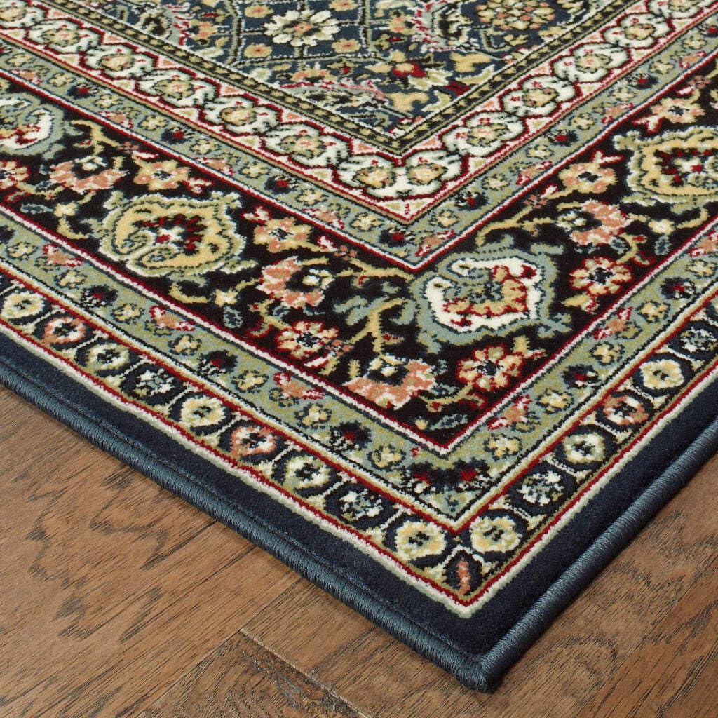 HomeRoots 509118 8 x 11 ft. Navy Blue Green Red Ivory & Yellow Oriental Power Loom Stain Resistant Rectangle Area Rug