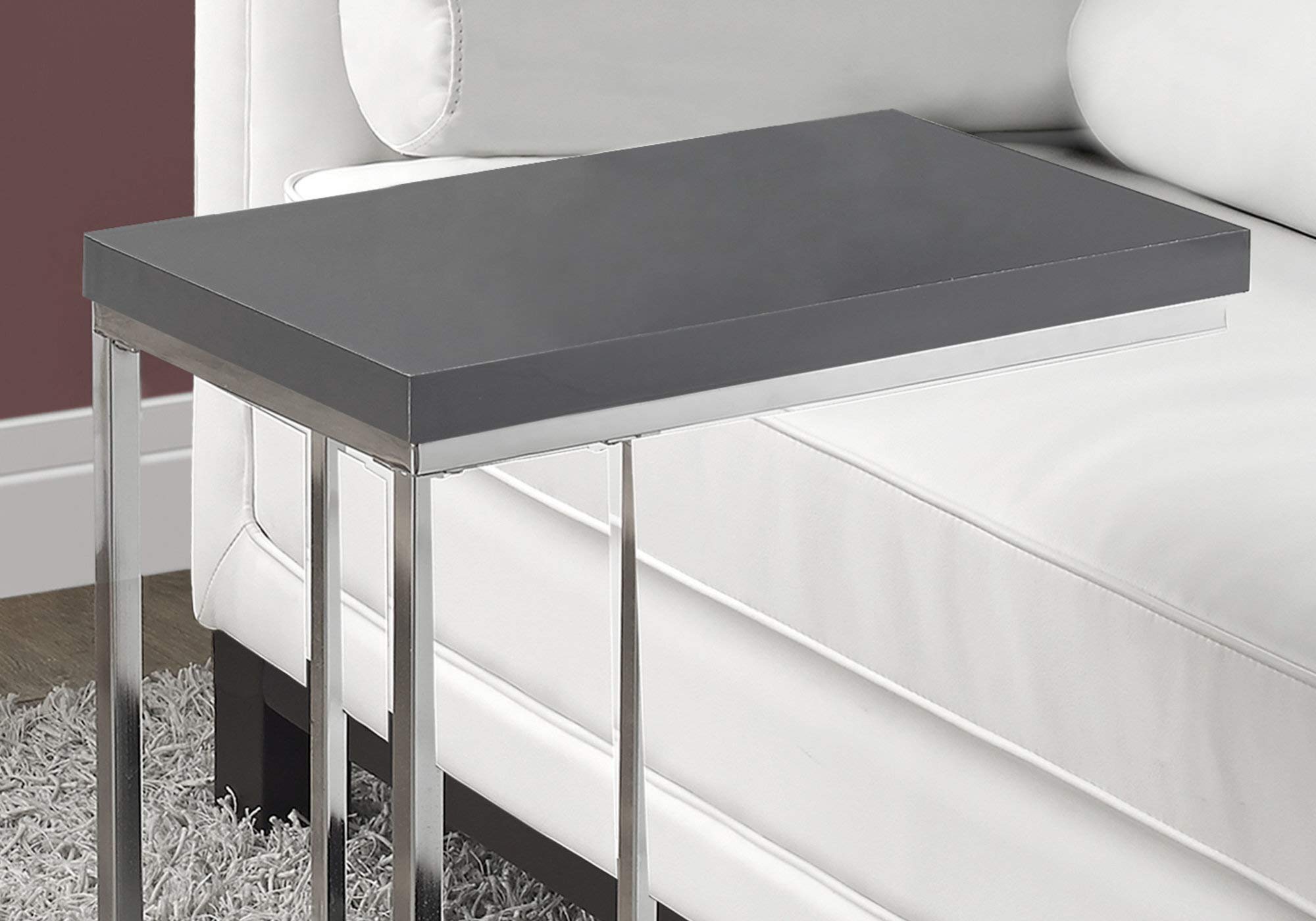 Monarch Specialties 3030, C-Shaped, End, Side, Snack, Living Room, Bedroom, Laminate, Glossy Grey, Contemporary, Modern Accent Table Chrome Metal, 10.25&quot; L X 18.25&quot; W X 25.25&quot; H