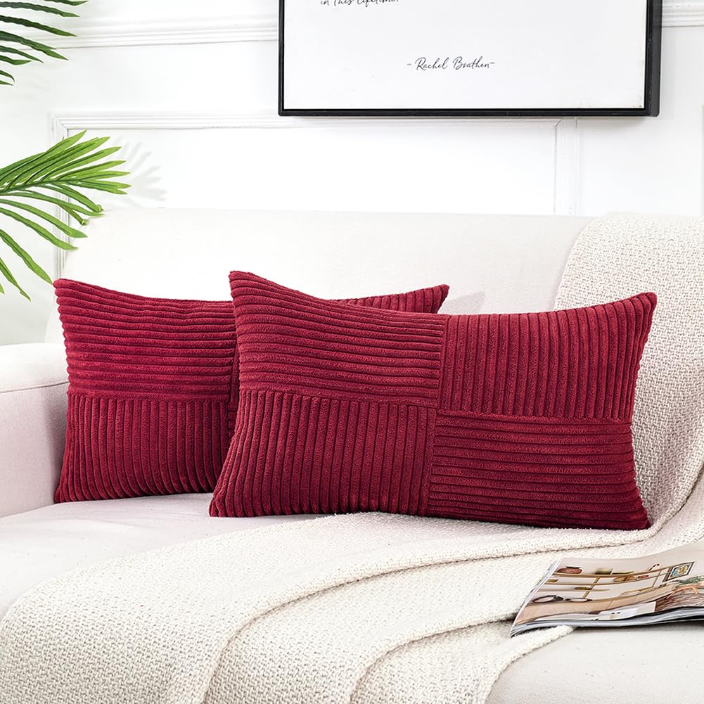 Fancy Homi 2 Packs Burgundy Lumbar Decorative Throw Pillow Covers 14X24 Inch For Living Room Couch Bed, Farmhouse Boho Home Deco