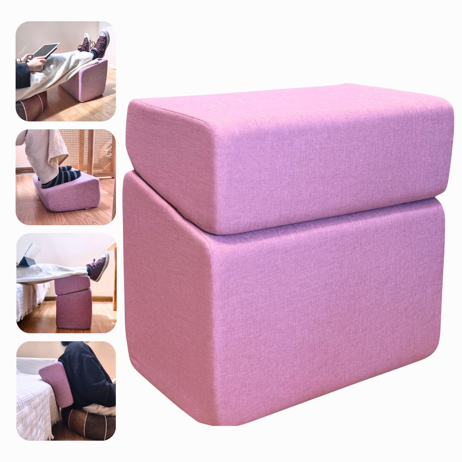 Purple Adjustable Foot Rest for Under Desk at Work - Ergonomic Linen Memory Foam Footrest Pillow with Breathable Washable Cover,