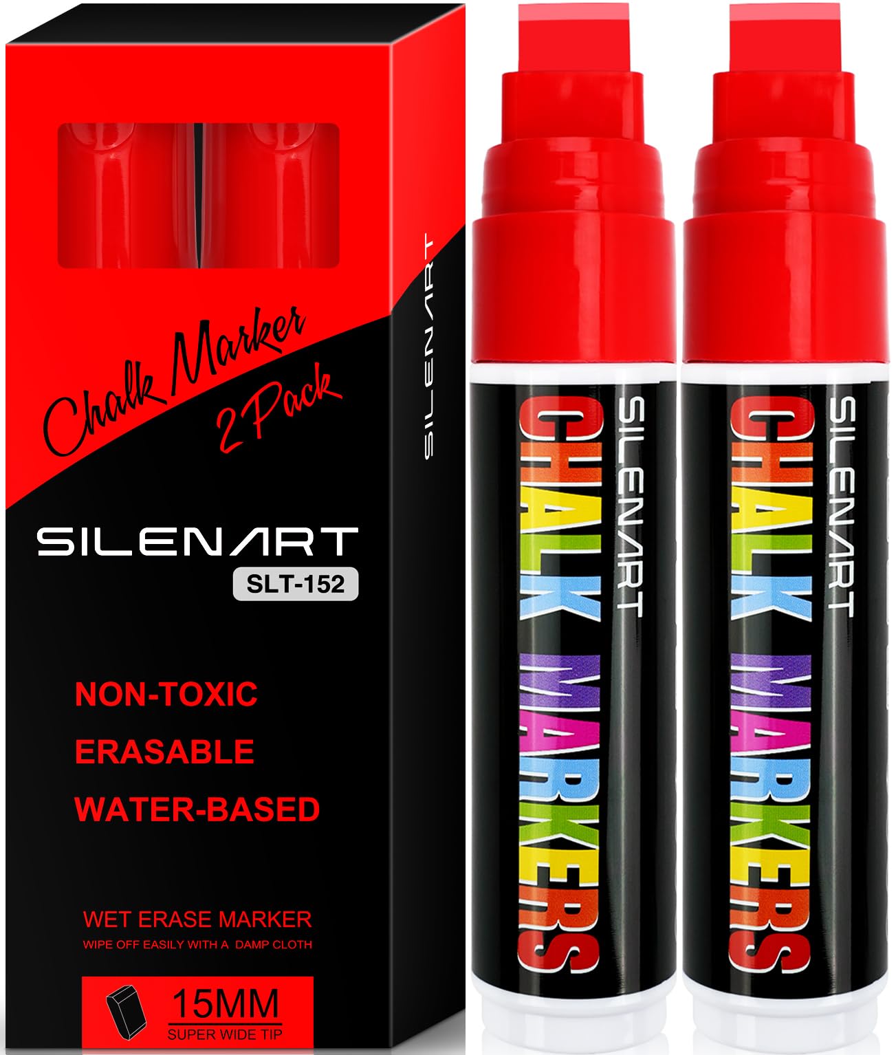 Silenart Red Chalk Markers 2 Pack - Red Dry Erase Markers Pen - Liquid Chalk Markers For Chalkboard, Window, Glass, Mirror, Blac