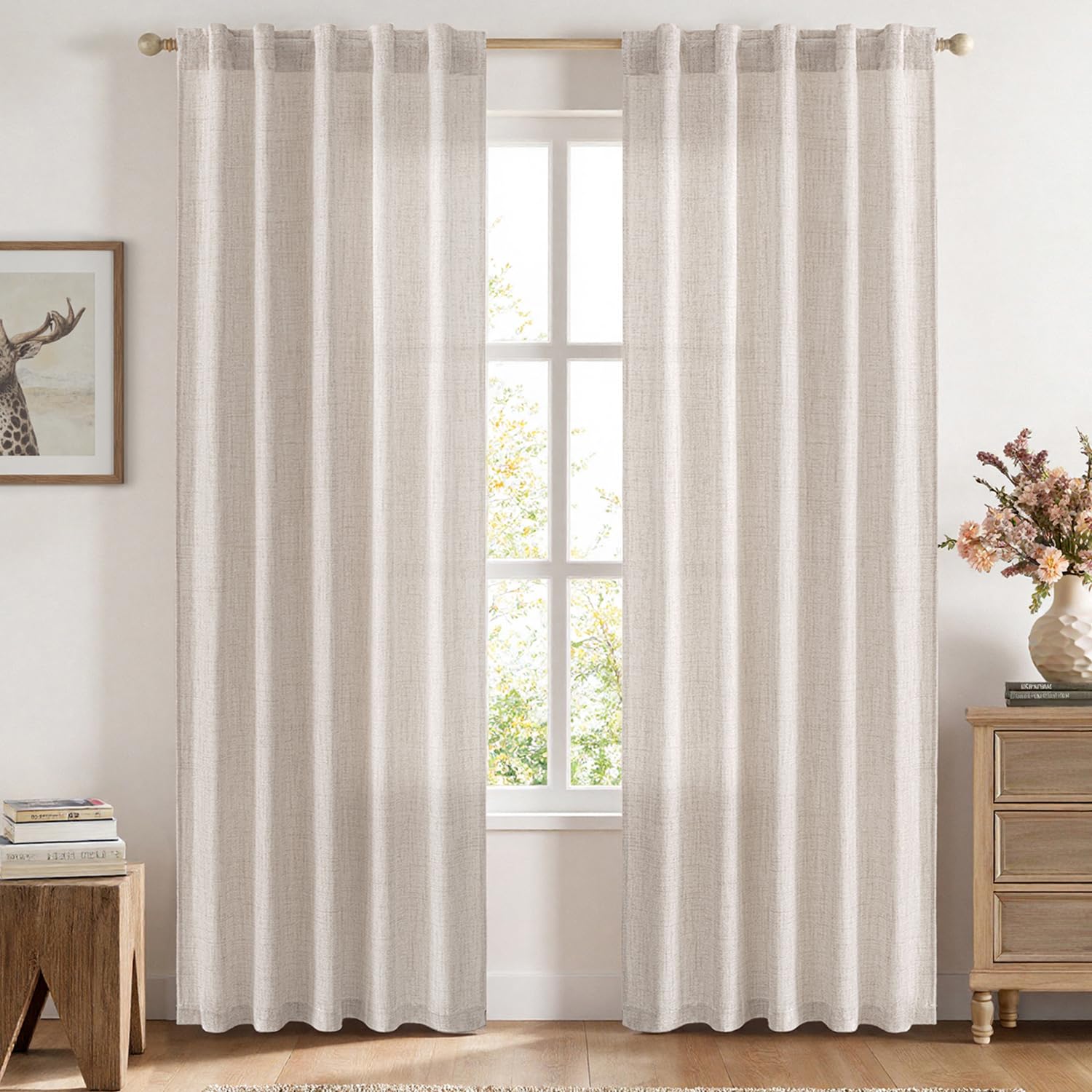 MIULEE Faux Linen Curtains 84 Inch Length 2 Panels Natural Beige Semi Sheer Curtain with Back Tab Rod Pocket, Light Filtering Wi