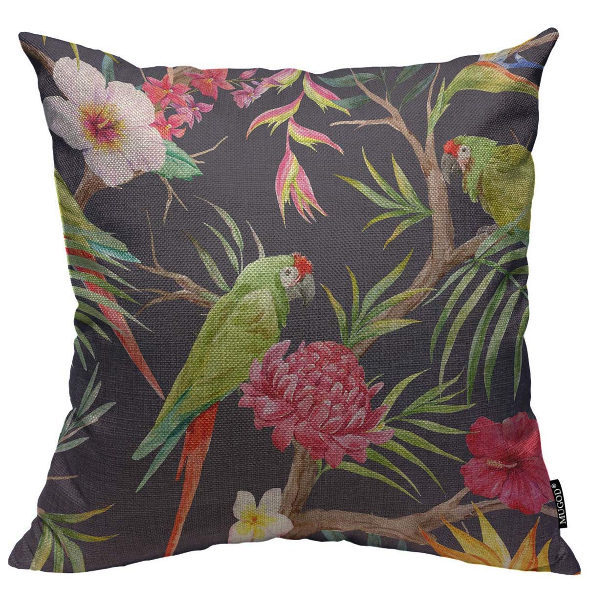 Mugod Tropical Tree Throw Pillow Cover Flowers Hibiscus Blooming Strelitzia Protea Palm Leaves Parrot Ara Toucan Decorative Squa
