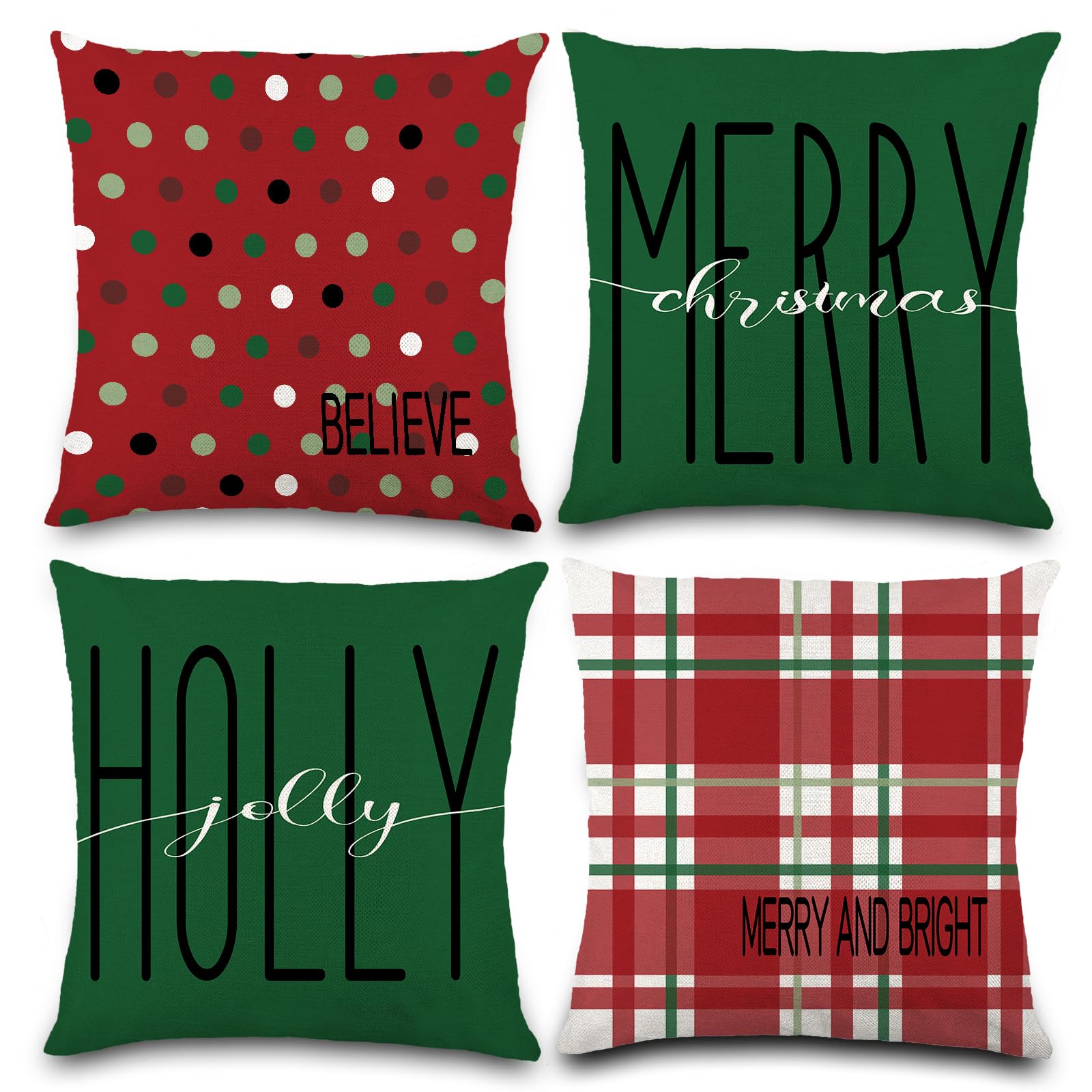 Dulefun 4Pcs Christmas Pillow Covers 18 X 18 Inch Red Green Plaid Dot Xmas Pillow Cushion Cases For Christmas Winter Holiday Dec