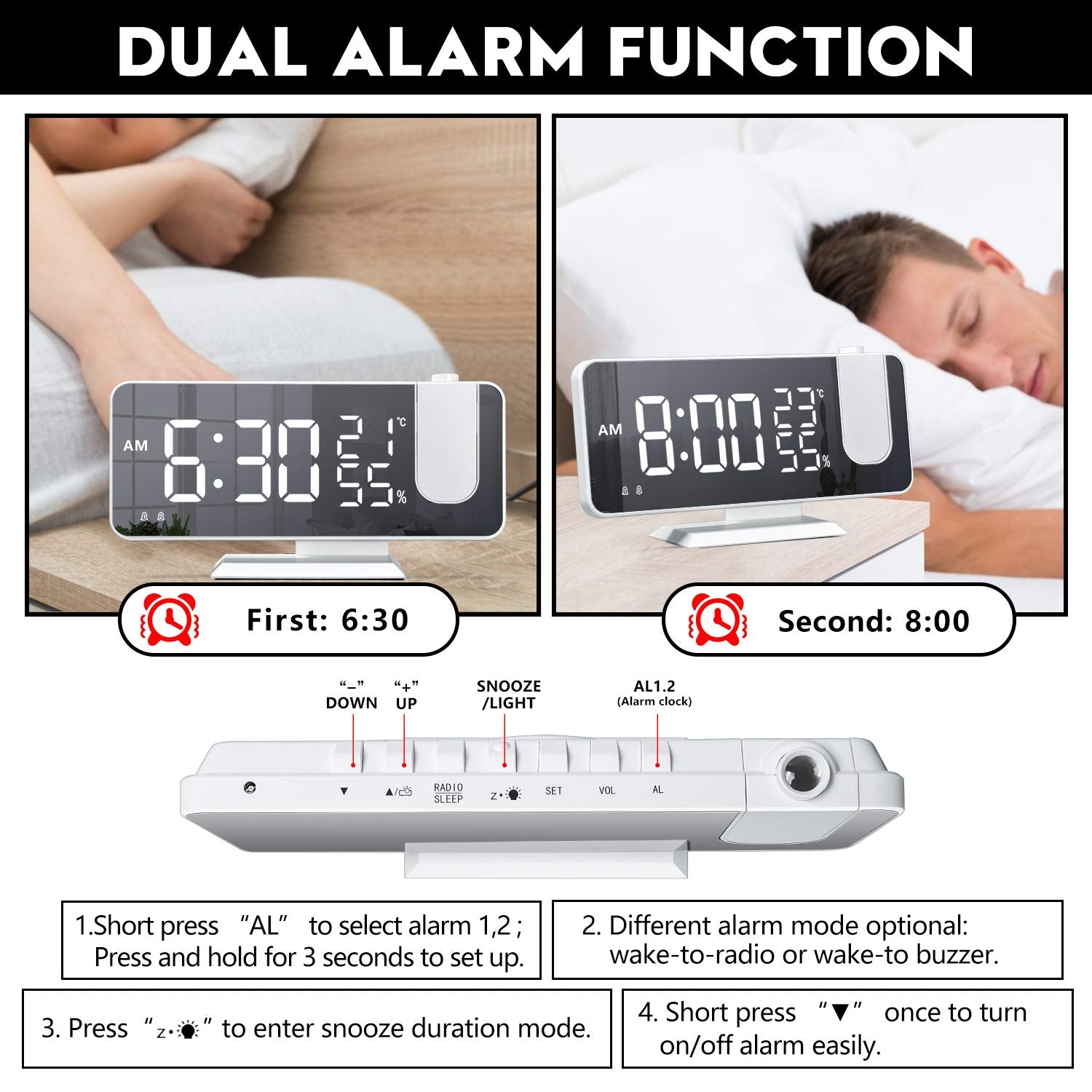 Evilto Projection Alarm Clock For Bedroom Ceiling Digital Clock Radio With Usb Charger Ports, 7.3'' Large Led Screen, 4 Dimmer,