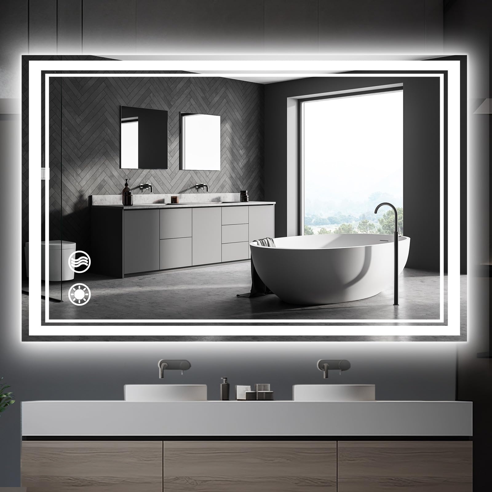 WUENLux 48 x 28 LED Mirror for Bathroom Anti-fogging Bathroom Mirror with Lights Stepless Dimmable 3 Colors Front and Backlit 