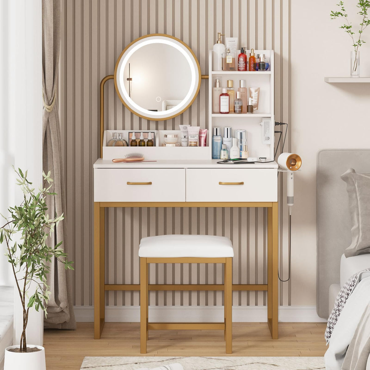 Makeup Vanity with Round Mirror and Lights, White Vanity Makeup Table with Charging Station, Small Vanity Table for Bedroom, 3 L