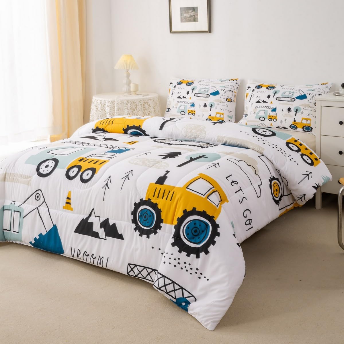 Feelyou Cartoon Car Kids Comforter Set Construction Bedding Set Decor Equipment Trucks Comforter Cartoon Car Excavator Tractor W