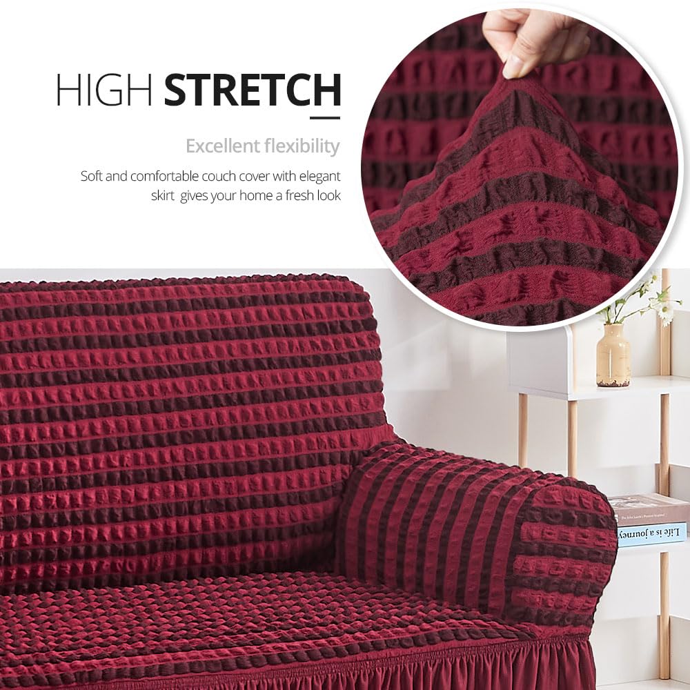 Niceec Armchair Slipcover Red Armchair Covers 1 Piece Easy Fitted Sofa Couch Cover Universal High Stretchable Durable Furniture Protector With Skirt Country Style (1 Seater Double Red)