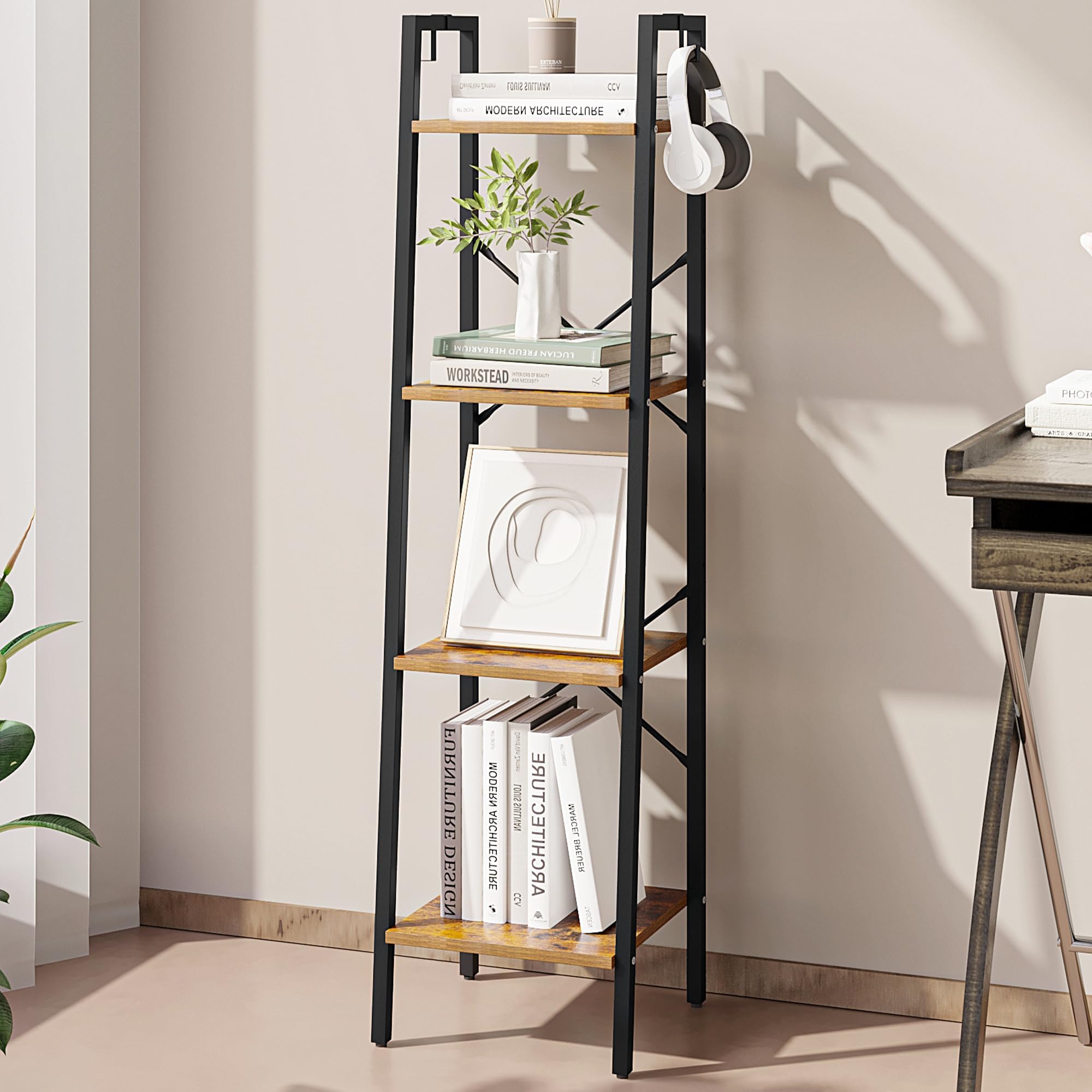 Hzuaneri Ladder Shelf, Bookshelf Bookcase, Freestanding Corner Storage Shelve With 2 Hooks For Home Office, Living Room, Kitchen, Bedroom, Industrial, 4-Tier Rustic Brown Bc13201B