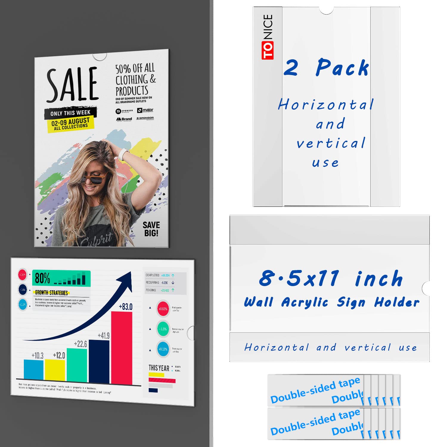Tonice Wall Acrylic Sign Holder With Double-Sided Tape Horizontally And Vertically Use Design (2 Pack 8.5X11Inch)