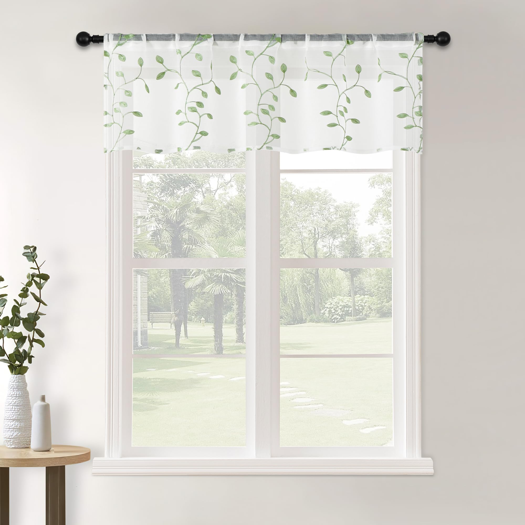 Mrtrees Sheer Voile Curtain Valances, Leaves Embroidered Valance Curtains Rod Pocket, Small Sheer Window Curtains Treatment For