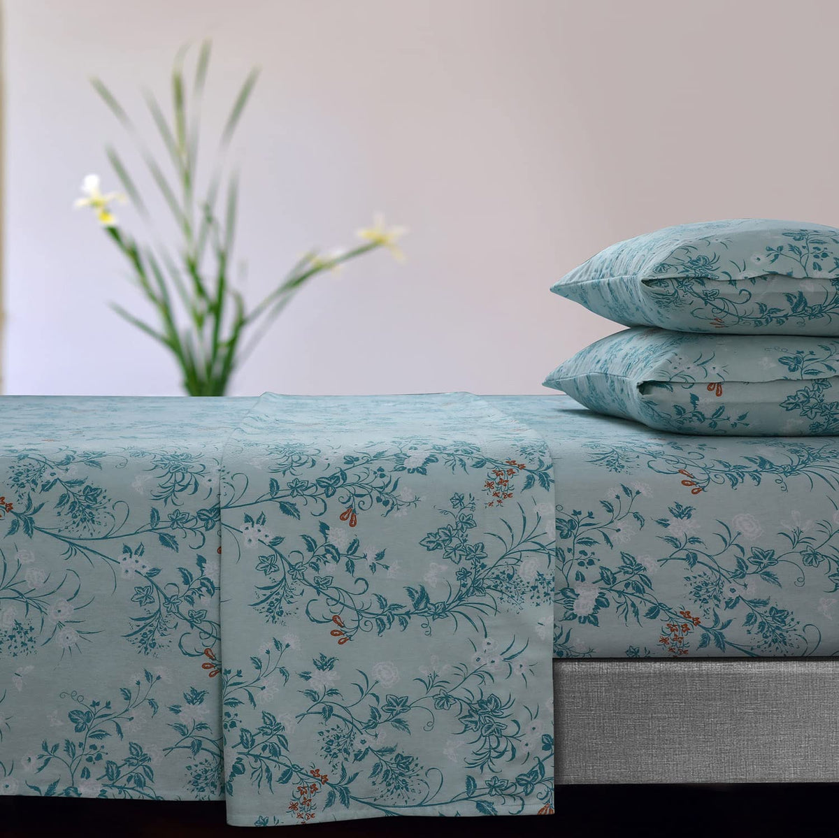 Tribeca Living Katy Floral 170-Gsm Flannel Extra Deep Pocket Sheet Set King Green, (Katyshekibl)