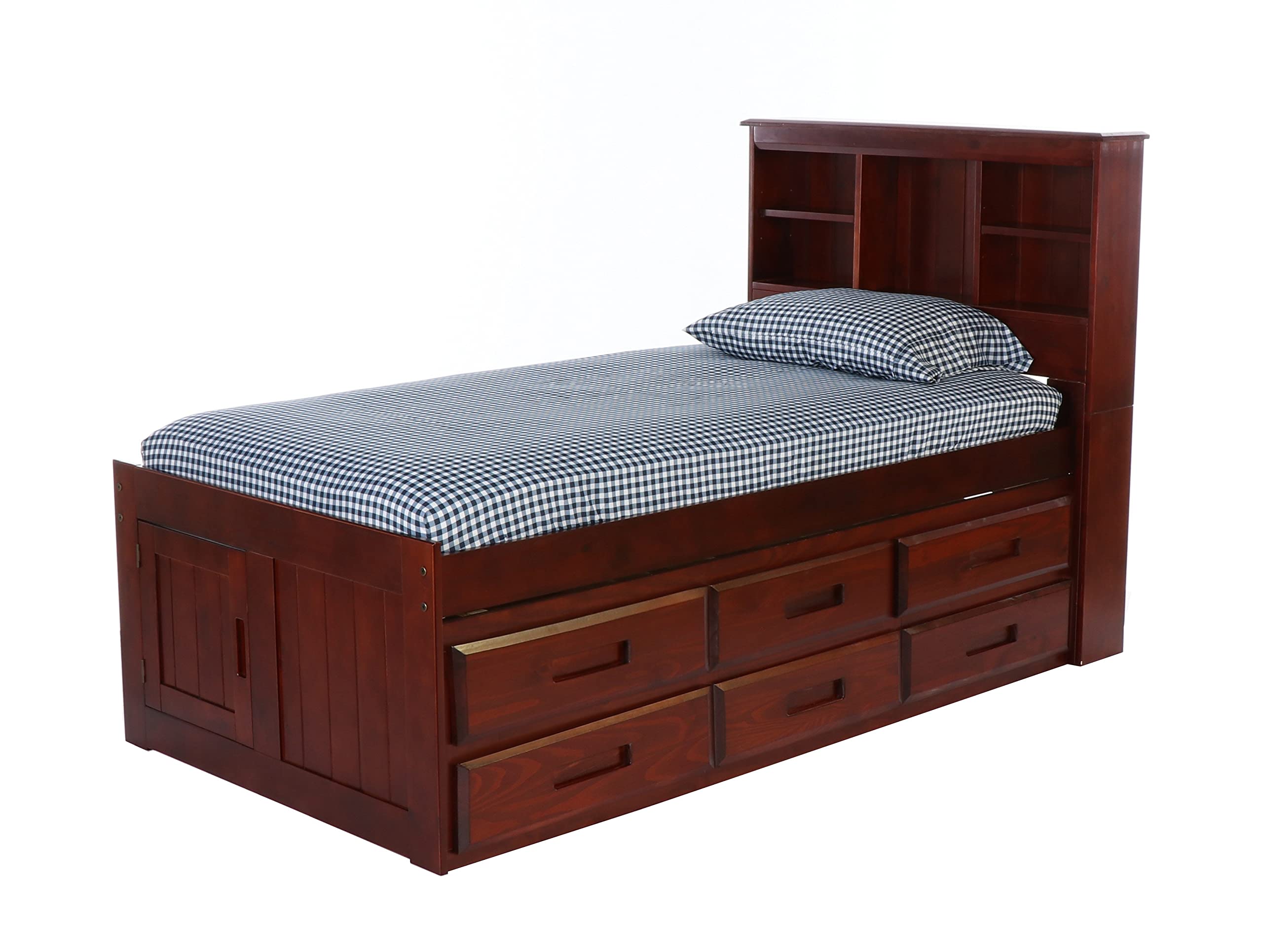 OS Home and Office Furniture Model 82820K6-22 Solid Pine Twin Captains Bookcase Bed with 6 Drawers in Rich Merlot