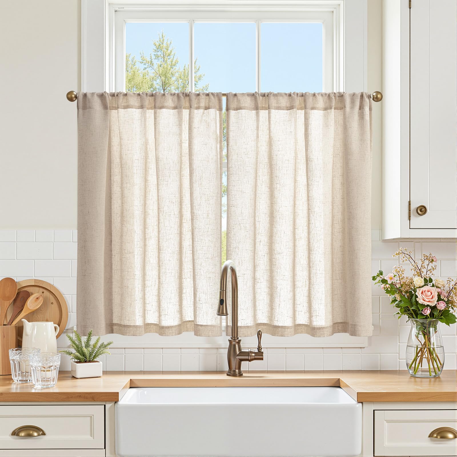 jinchan Kitchen Curtains Linen Tier Curtains 36 Inch Farmhouse Cafe Drapes for Small Window Flax Country Rustic Rod Pocket Bathr