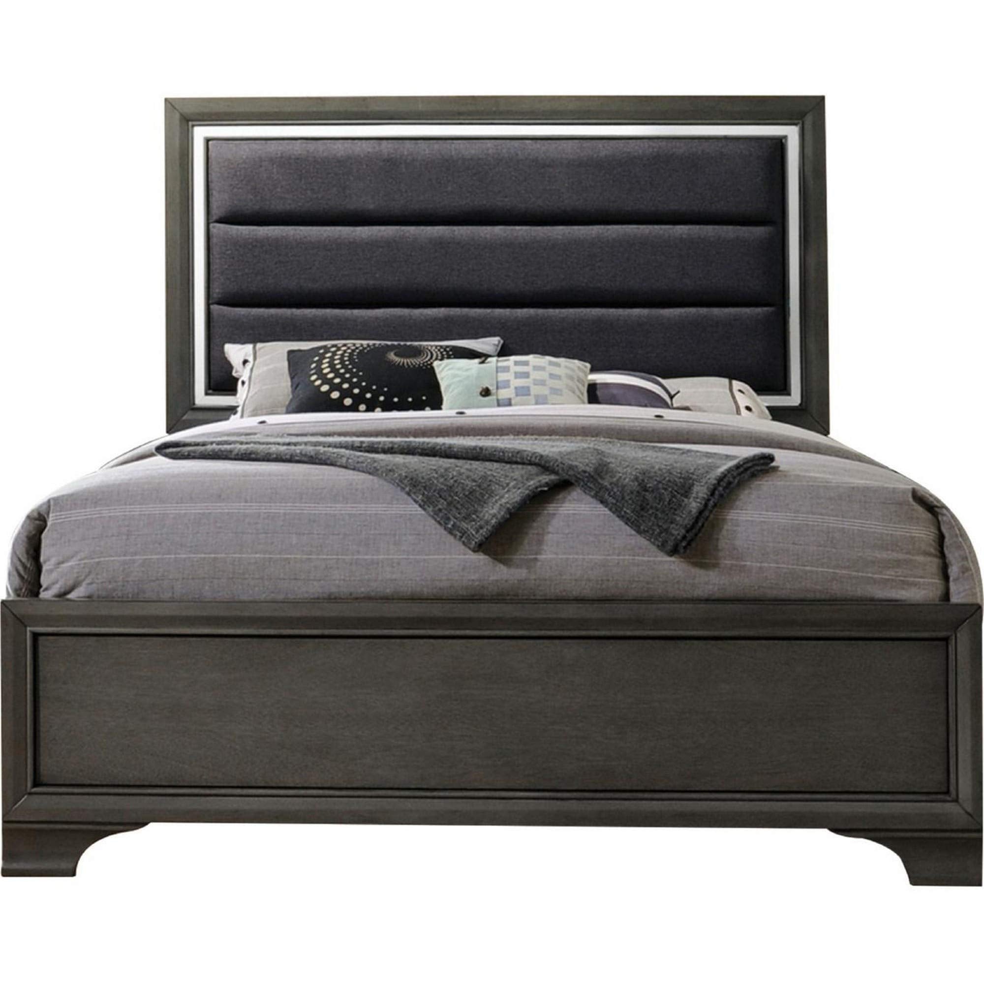 Benjara High Profile Panel Eastern King Bed With Fabric Padded Headboard, Gray