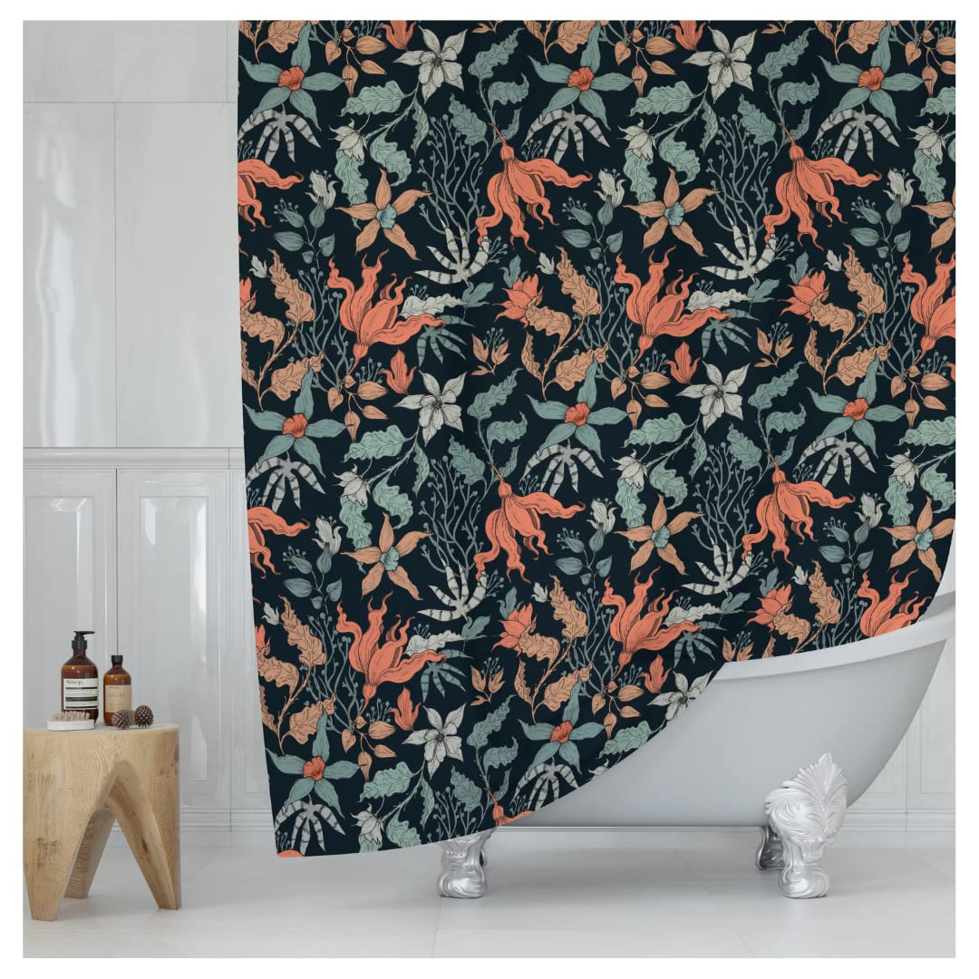 Dark Coral Floral Print Shower Curtain - Moody Modern Black Flowers Pattern - Modern Home Decor - Vintage Botanical Style Cool F