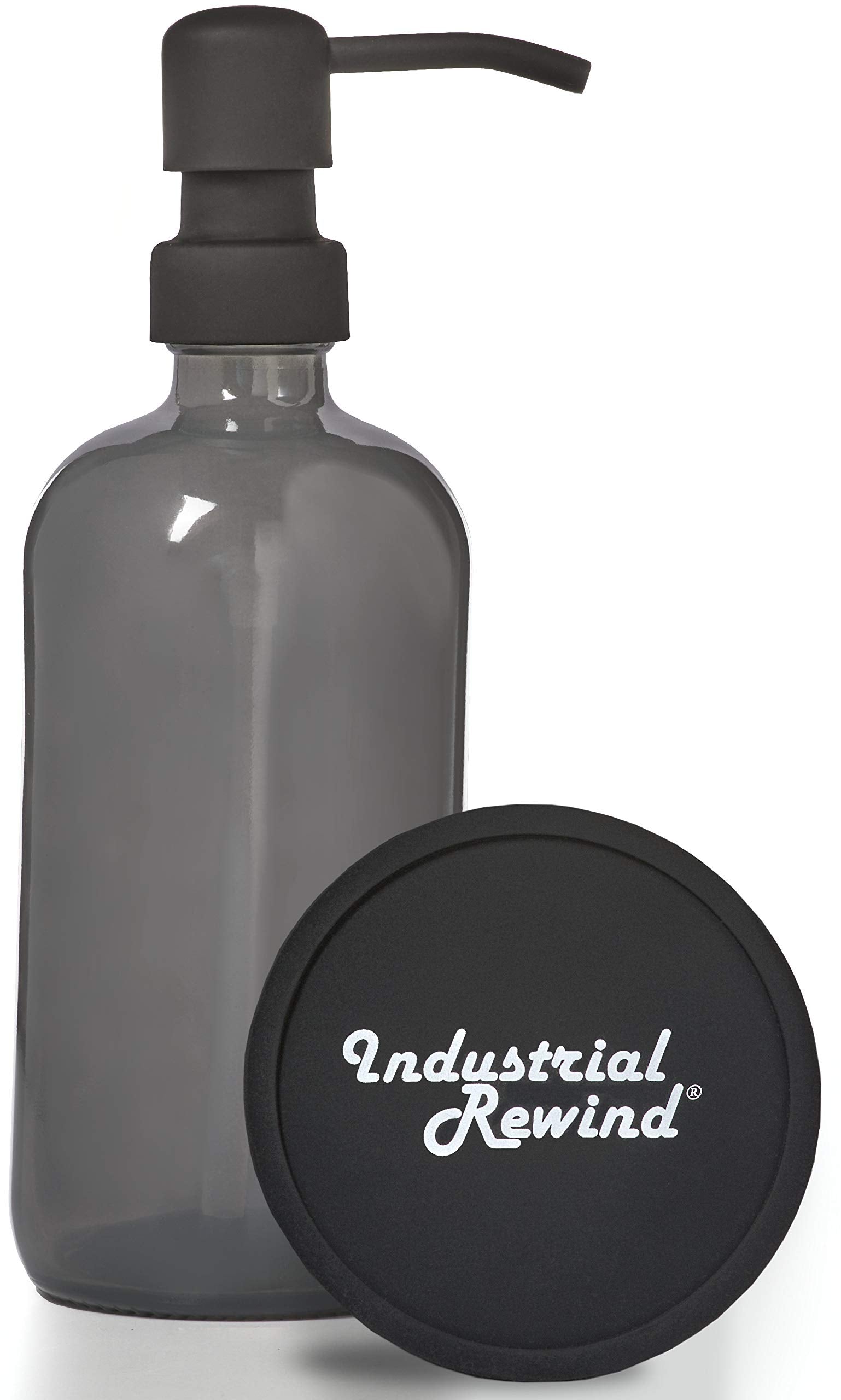 Gray Soap Dispenser with Black Pump and Non-Slip Coaster. Semi Translucent Smokey Grey 16oz Glass Bottle.
