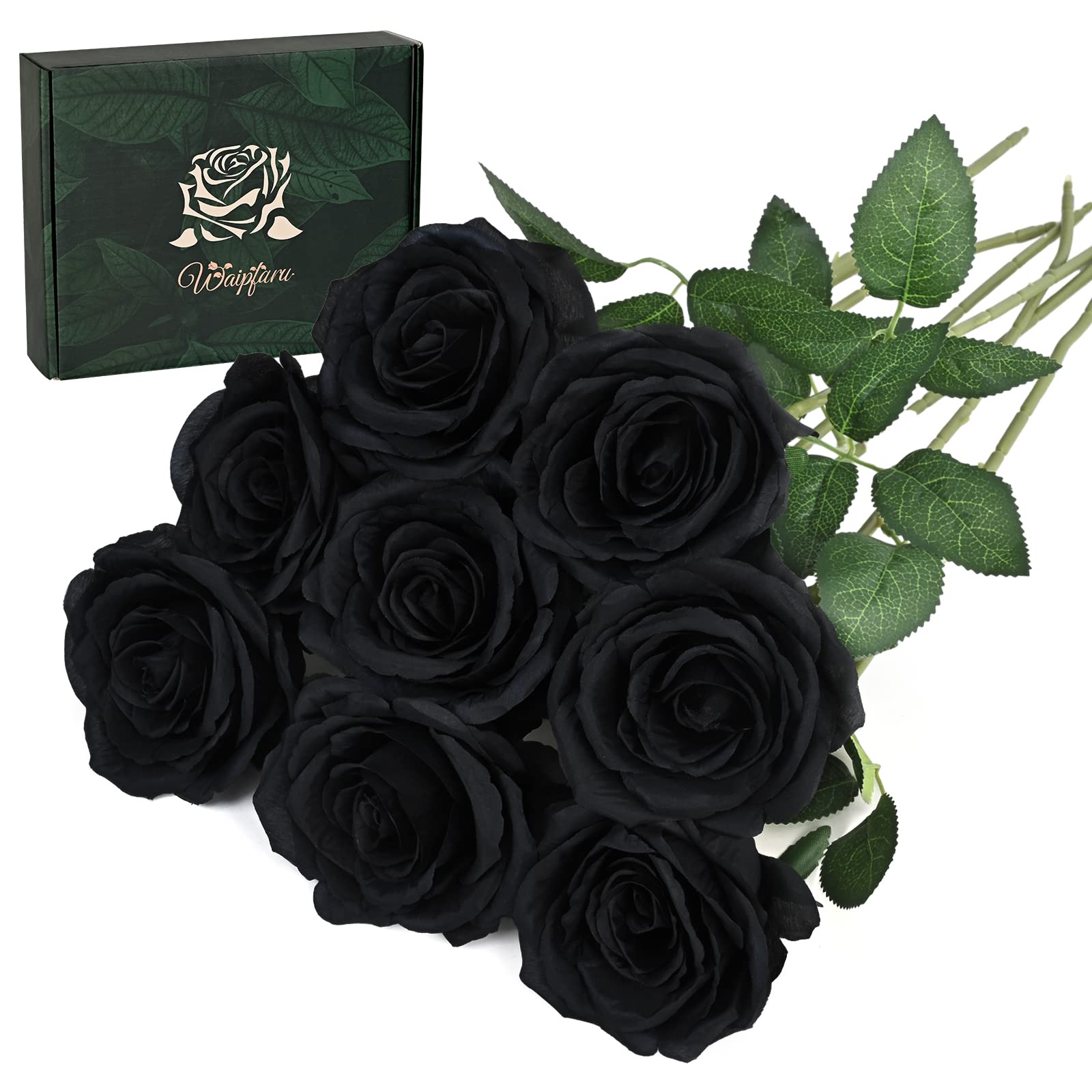 Waipfaru 8 Pcs Artificial Flowers Fake Silk Black Roses Bulk, Faux Real Touch Roses Bouquet with Long Stem for Wedding Party Hom