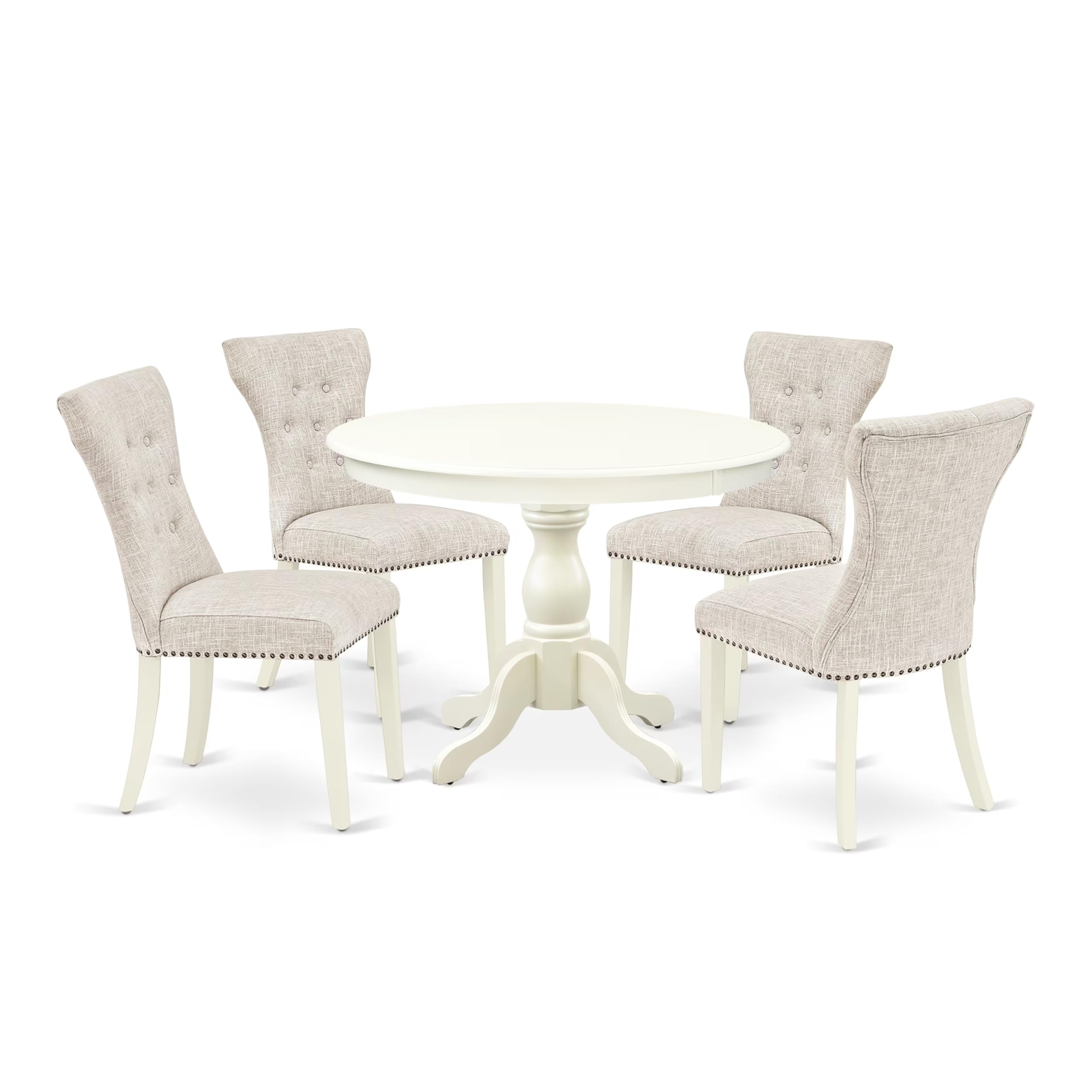 East West Furniture HBGA5-LWH-35 5 Piece Dining Table Set for 4 Includes a Round Kitchen Table with Pedestal and 4 Doeskin Linen Fabric Parsons Dining Chairs, 42x42 Inch, Linen White