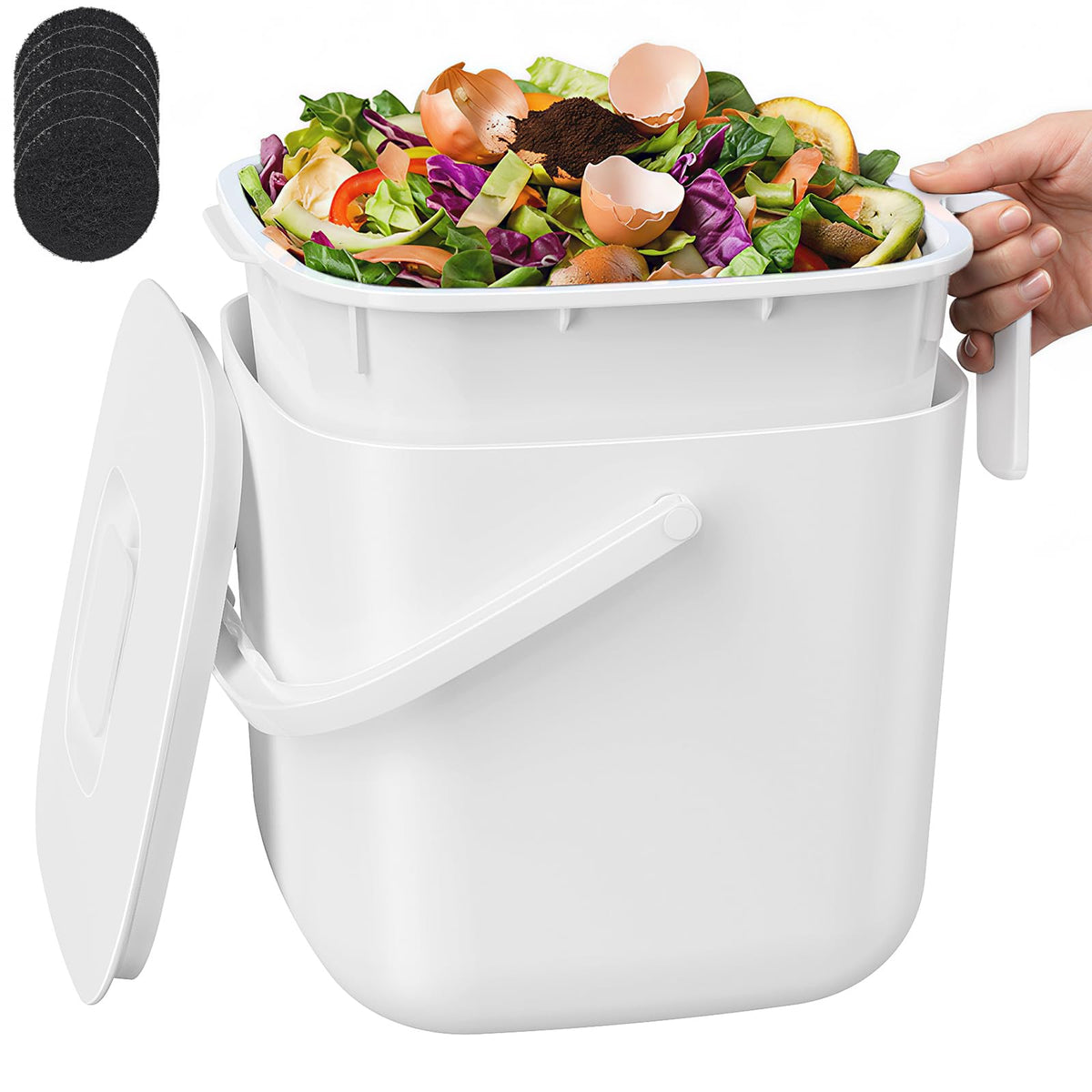 HOMETUK 5.4L Kitchen Food Waste Bin with Lid & Handles, Indoor Compost Bucket Includes Inner Bucket Liner, White