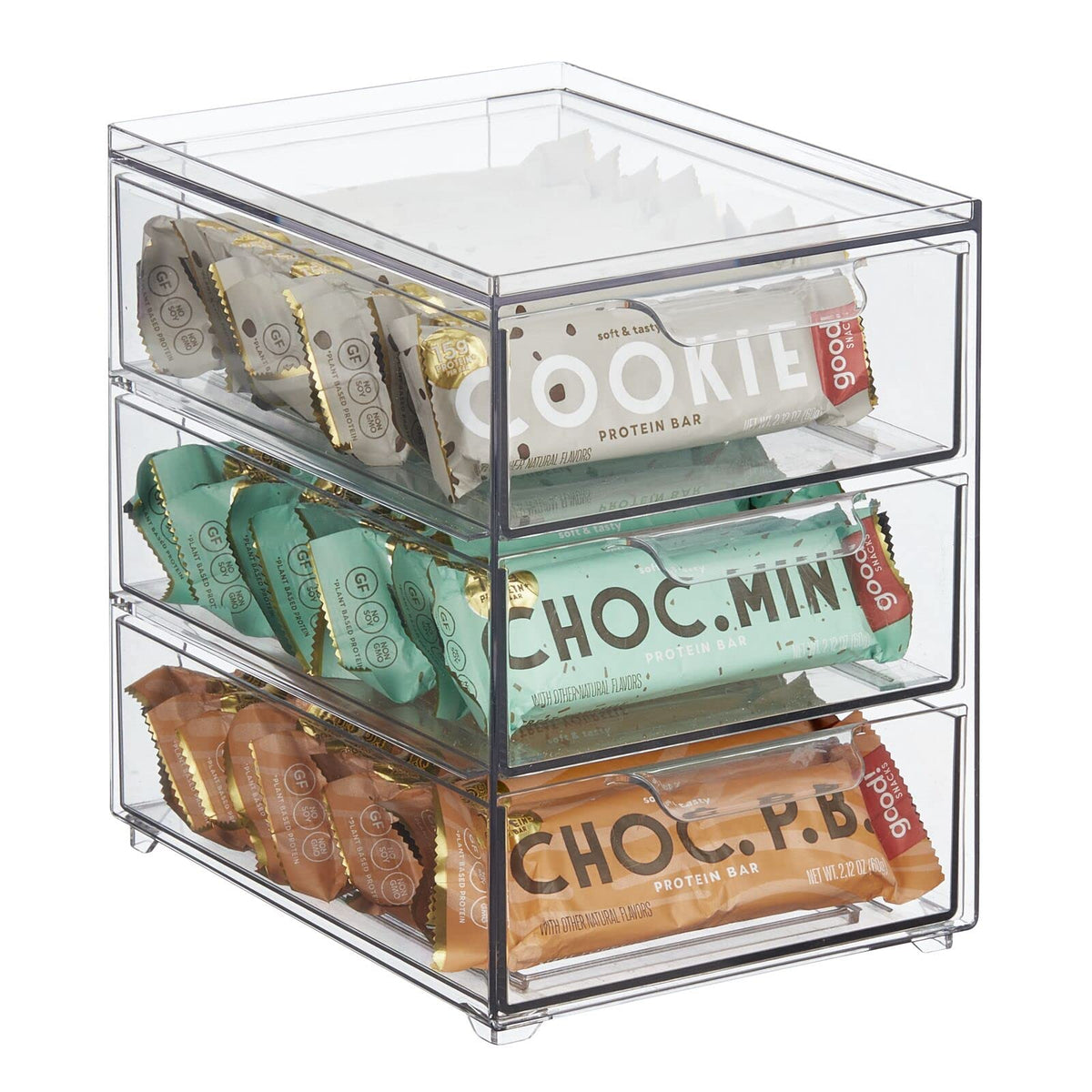 mDesign Plastic Stackable 3Drawer Kitchen Storage Organizer  Bin with Divided PullOut Drawers for Pantry, Shelf, Fridge/Refri