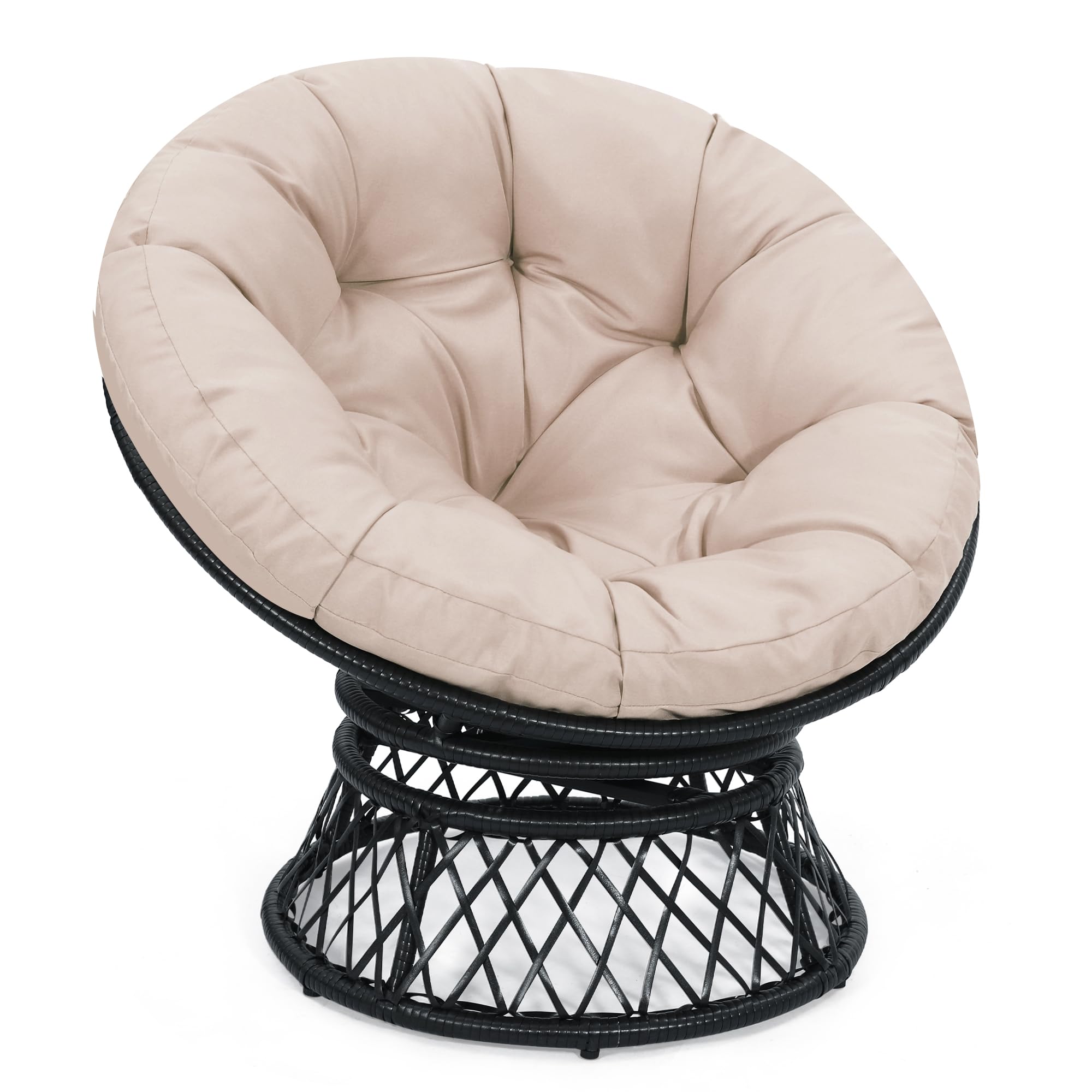 Krofem 39' Wicker Papasan Circle Chair, 360 Swivel Living Room Chair, Indoor Outdoor Rattan Chair With Thick Cushion, Ideal For