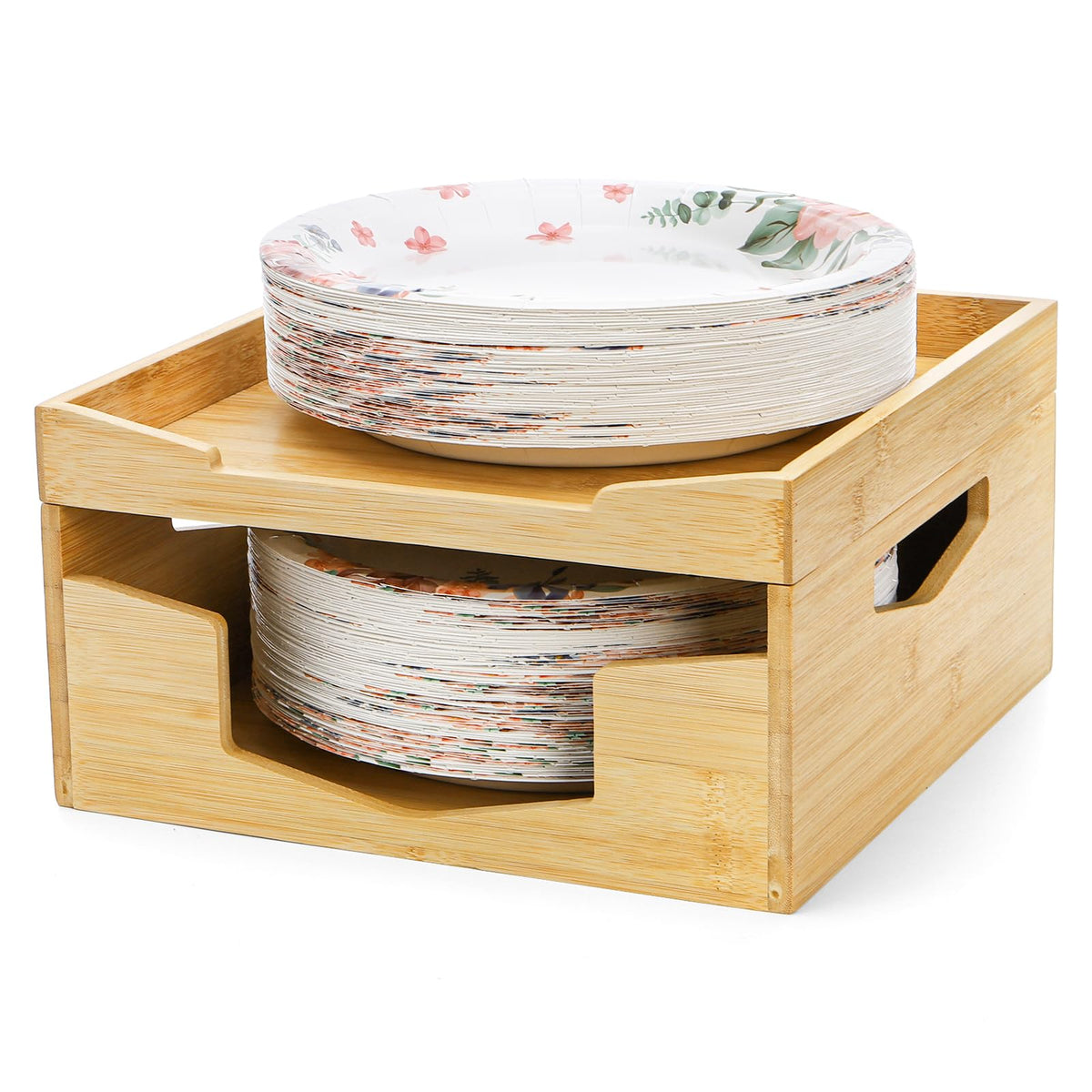 Yarlung Bamboo Paper Plate Dispenser Holder for 810 inch Plates and Air Fryer Liners, Portable Stackable Disposable Plates Orga
