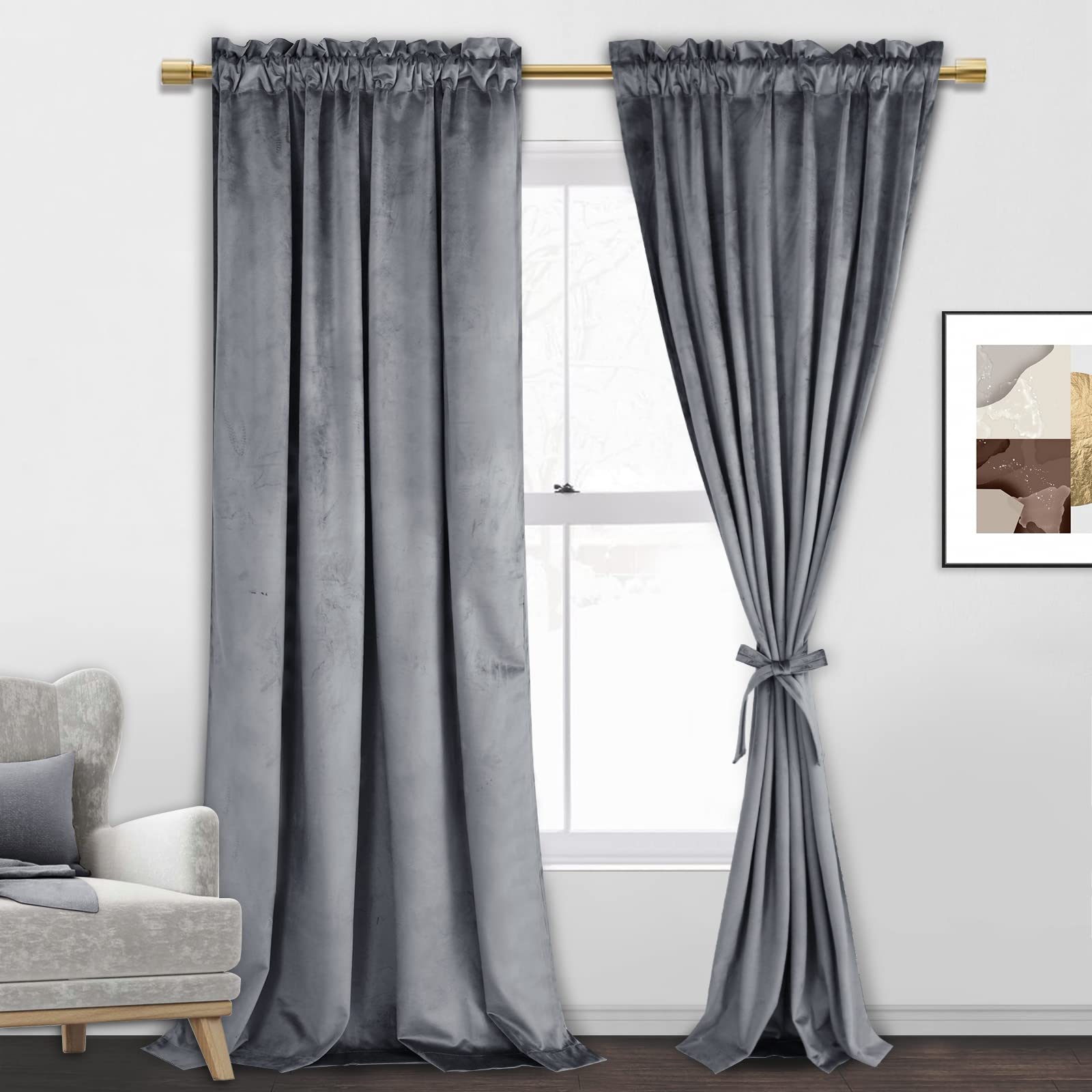 Jiuzhen Grey Velvet Curtains Thermal Insulated Rod Pocket Room Deco Privacy Protection Blackout Curtains For Bedroom, 2 Panels,