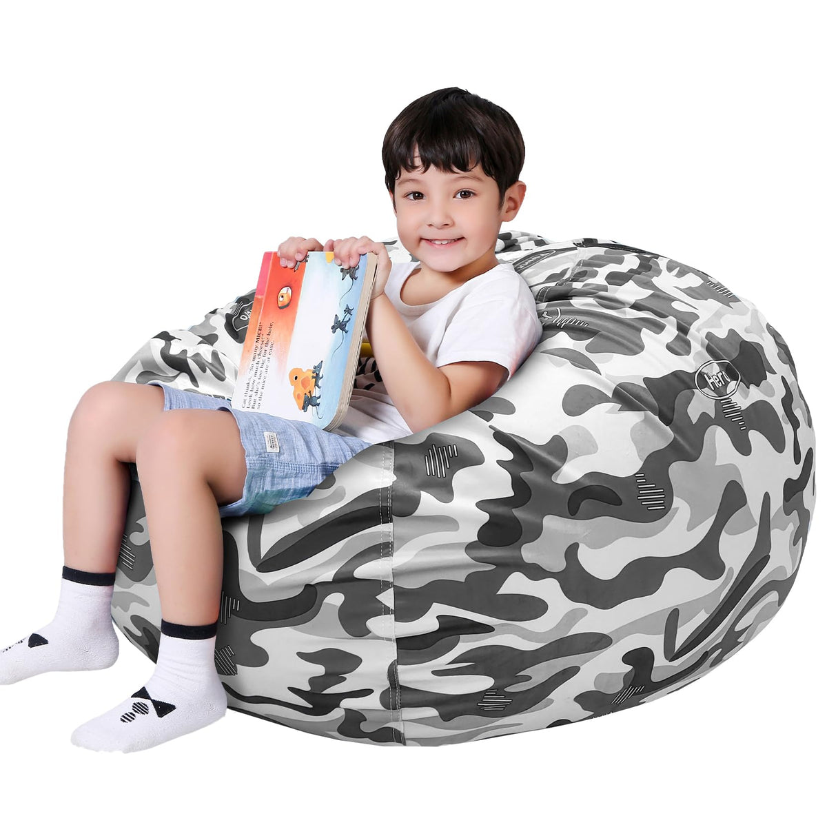 Lukeight Stuffed Animal Storage Bean Bag Chair Cover For Kids, Zipper Beanbag Chair Cover For Organizing Toddler And Kids' Rooms Plush Toys (Camo Velvet, Large)