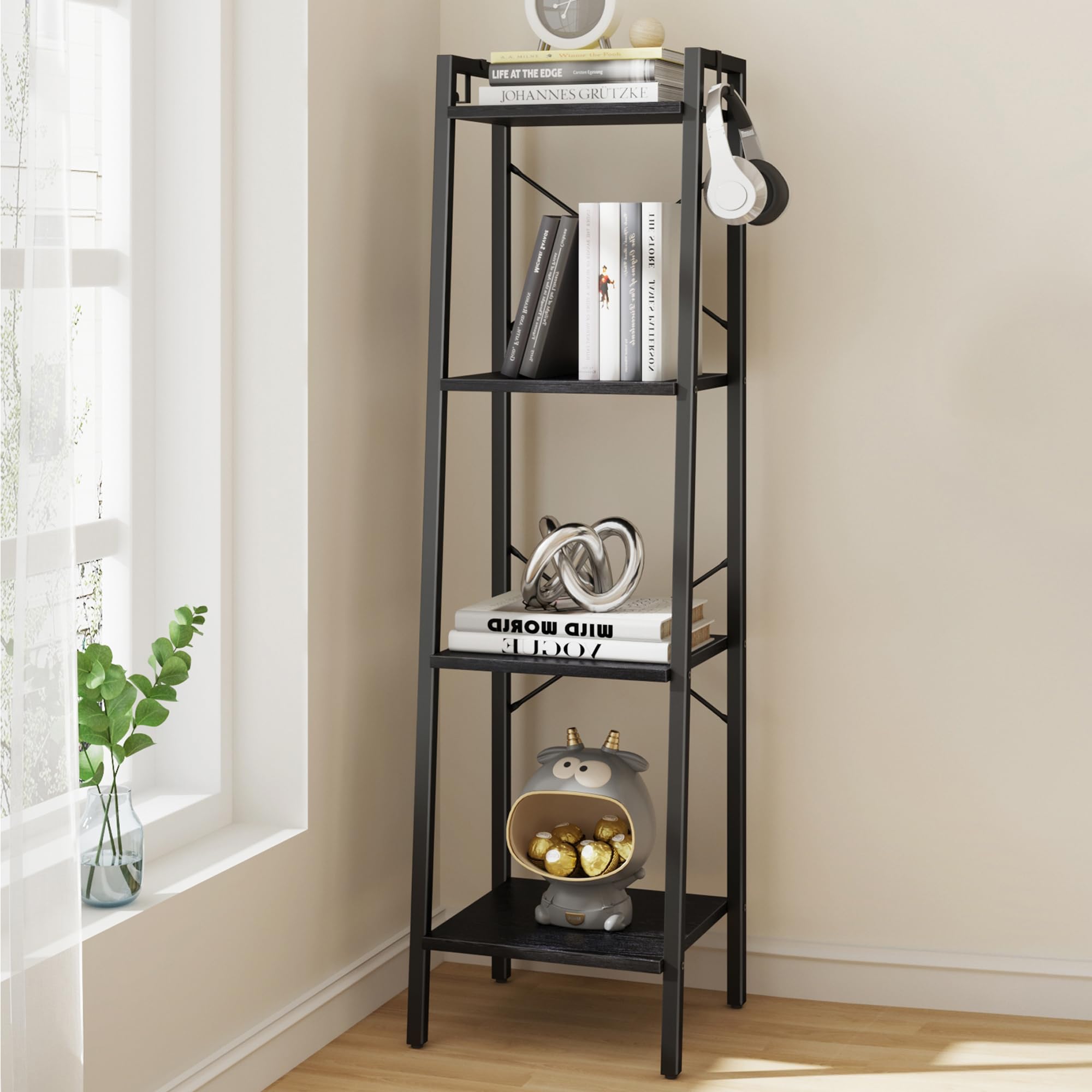 Hzuaneri Ladder Shelf, Bookshelf Bookcase, Freestanding Corner Storage Shelve With 2 Hooks For Home Office, Living Room, Kitchen, Bedroom, Industrial, 4-Tier Black Bc13204B