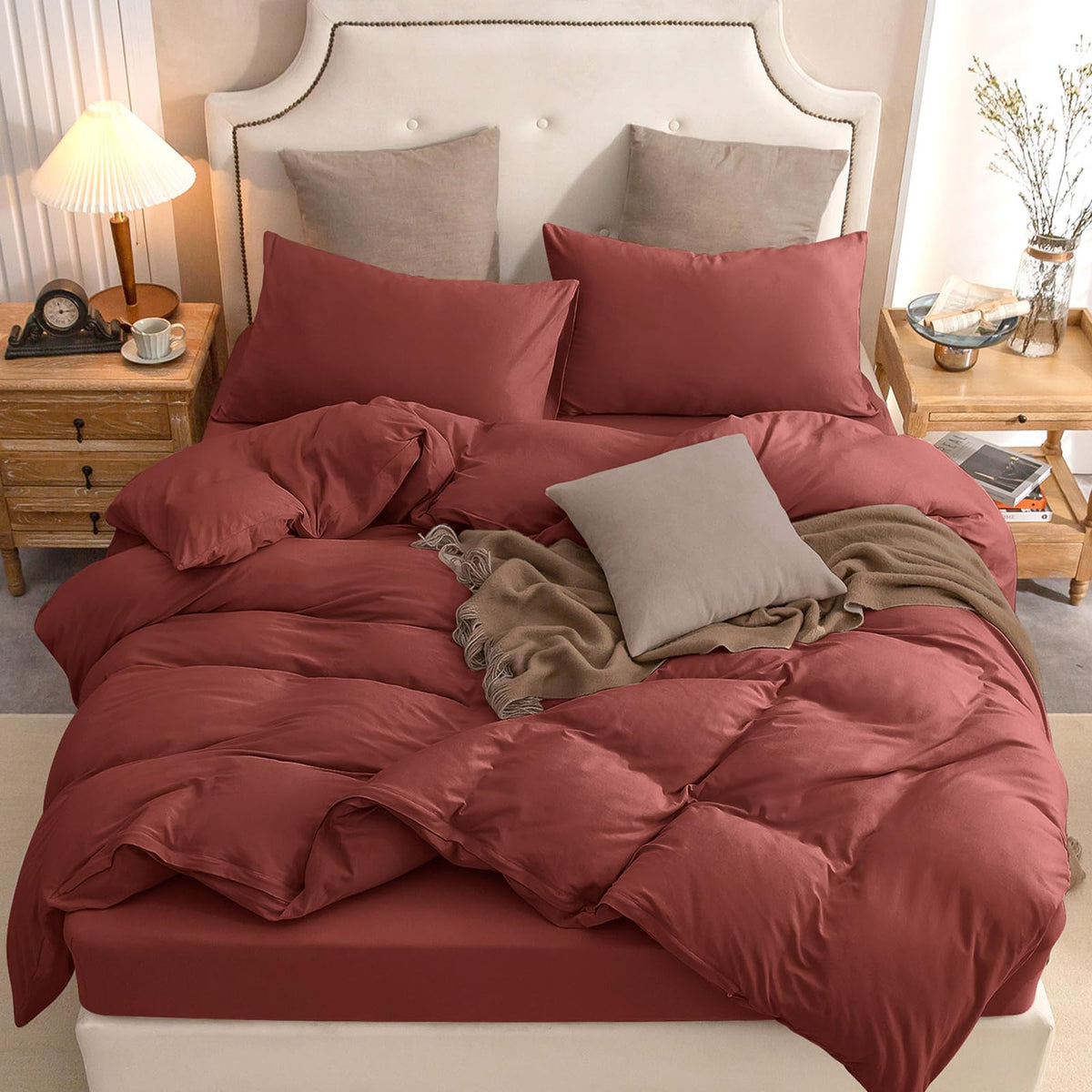 Pure Era Jersey Knit Duvet Cover Set 100% T-Shirt Cotton Super Soft Comfy 3Pc Bedding Set With Zipper Closure (Solid Brick Red,