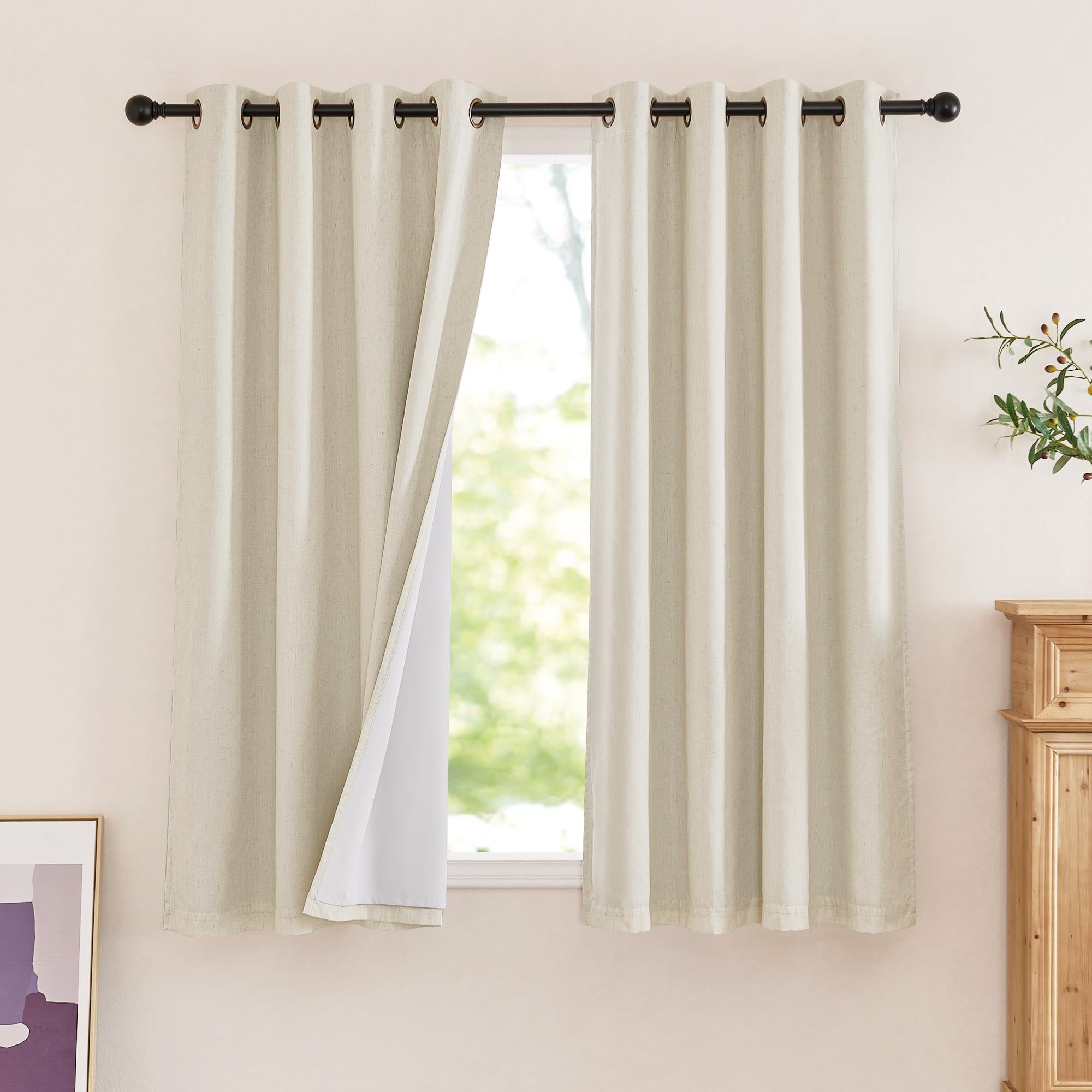 NICETOWN 100% Blackout Linen Curtains 63 inches Long, Bronze Grommet Thick Faux Linen 2 Layers with White Liner Vintage Window T
