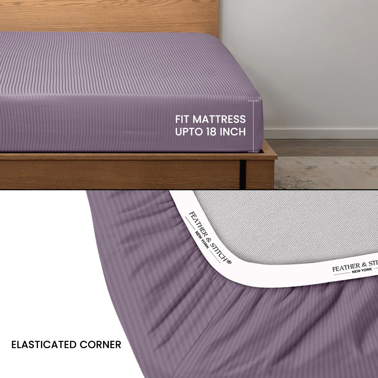 Feather & Stitch 1 Pc Fitted Sheet California King Size, 100% Cotton Damask Sateen Weave, Striped Breathable, Stretchable Elastic Sheet For Mattress 18 Inch Deep Pocket, 500Tc Ultra Soft - Lavender
