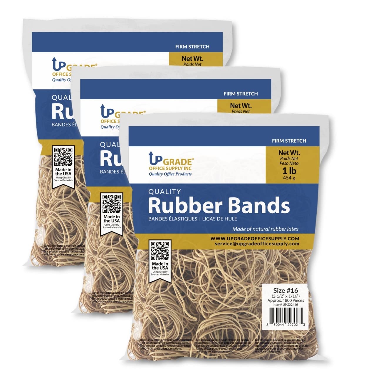 Upgrade Office Supply Upg22416Pk3 Rubber Bands, Size #16 (2-1/2 X 1/16), 1,800 Bands, 1 Lb Pack, 3-Pack, Made In Usa