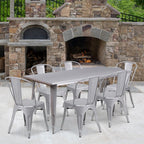Flash Furniture Commercial Grade 31.5" x 63" Rectangular Silver Metal Indoor-Outdoor Table Set with 6 Stack Chairs