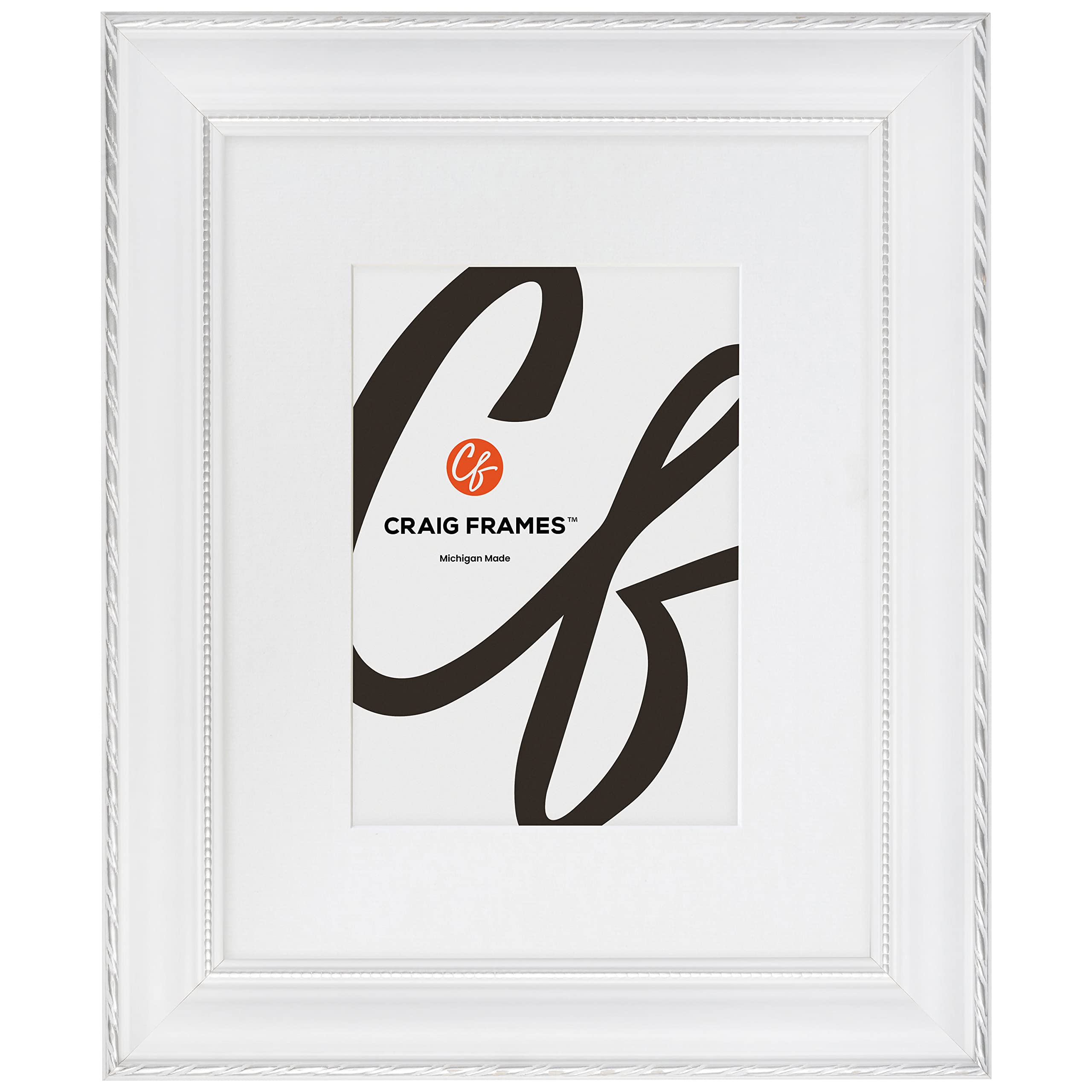 Craig Frames Victoria, 8x12 Picture Frame Matted for a 5x7 Photo, Ornate White and Silver