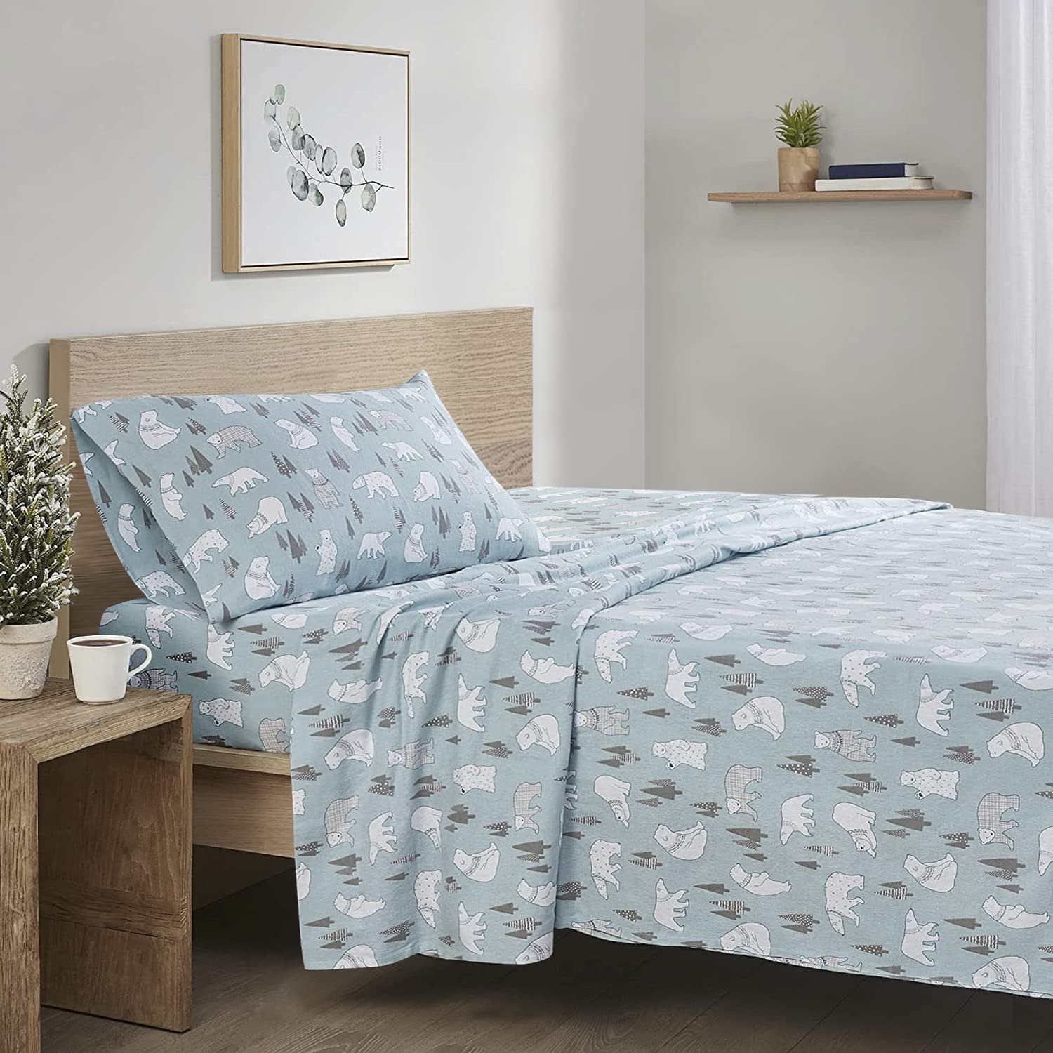 Comfort Spaces Cotton Flannel Breathable Warm Deep Pocket Sheets With Pillow Case Bedding, Twin, Blue Polar Bears 3 Piece