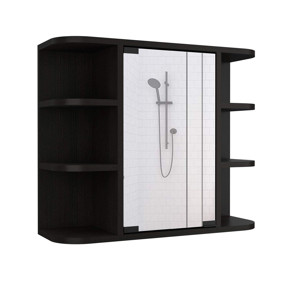 Roma Mirrored Medicine Cabinet with Six External Shelves and Three Interior Shelves, 19&quot; H, Black, Bathroom