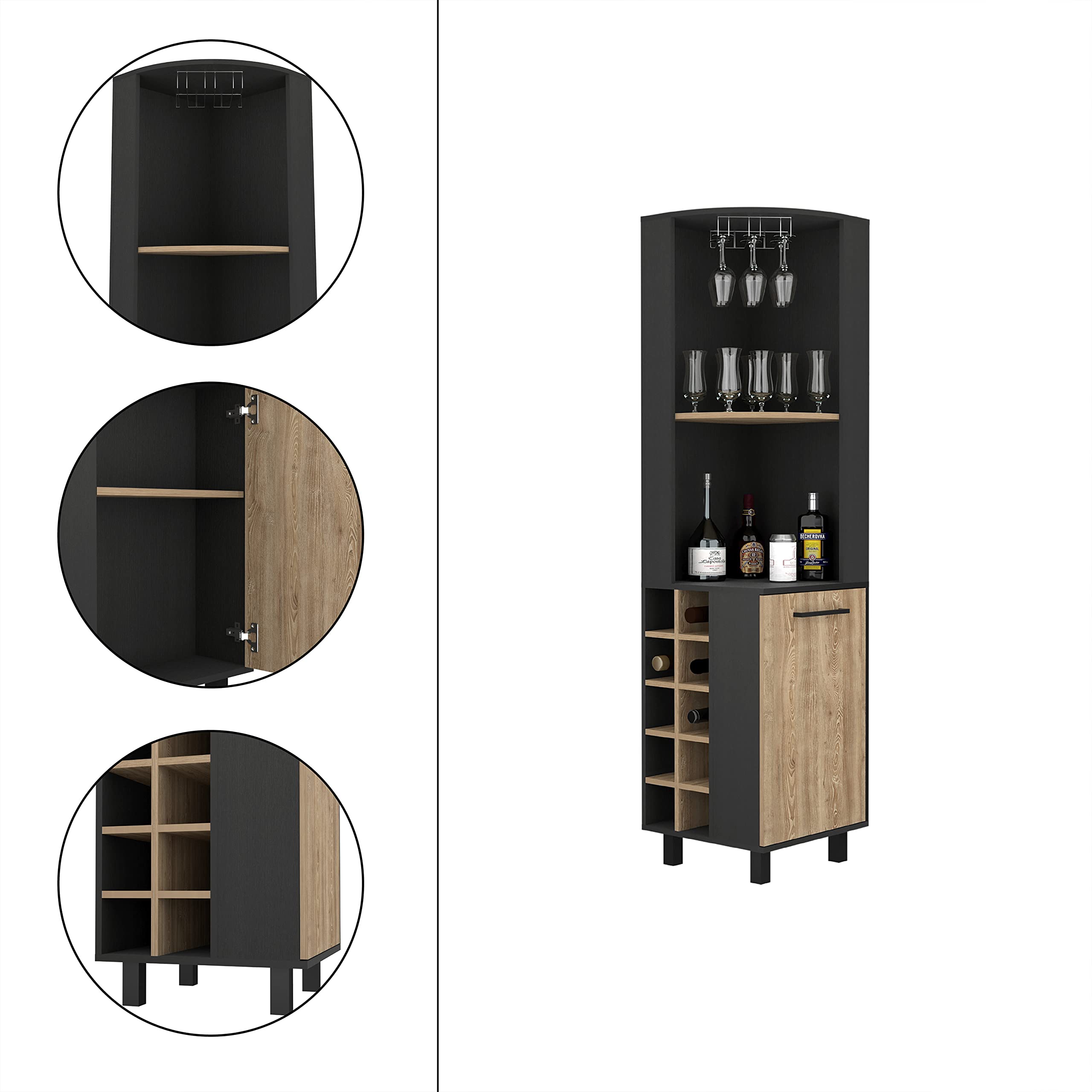 Morocco Corner Bar Cabinet With 4 Shelves, 10 Wine Cubbies, Cabinet, And Glass Rack, Black/Pine