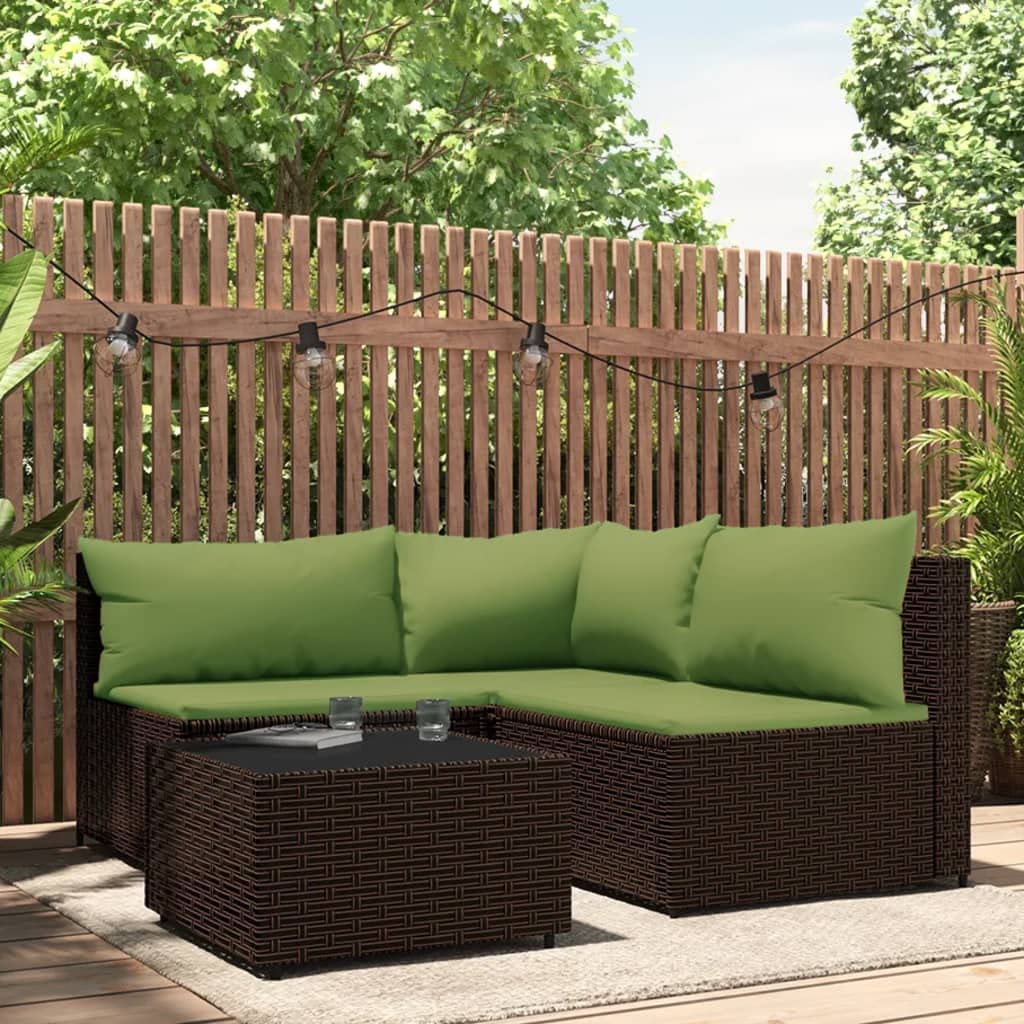 vidaXL 4 Piece Patio Lounge Set with Cushions - Weather-Resistant Poly Rattan Garden Sofa Set with Glass Tabletop - Brown and Green - Outdoor Furniture