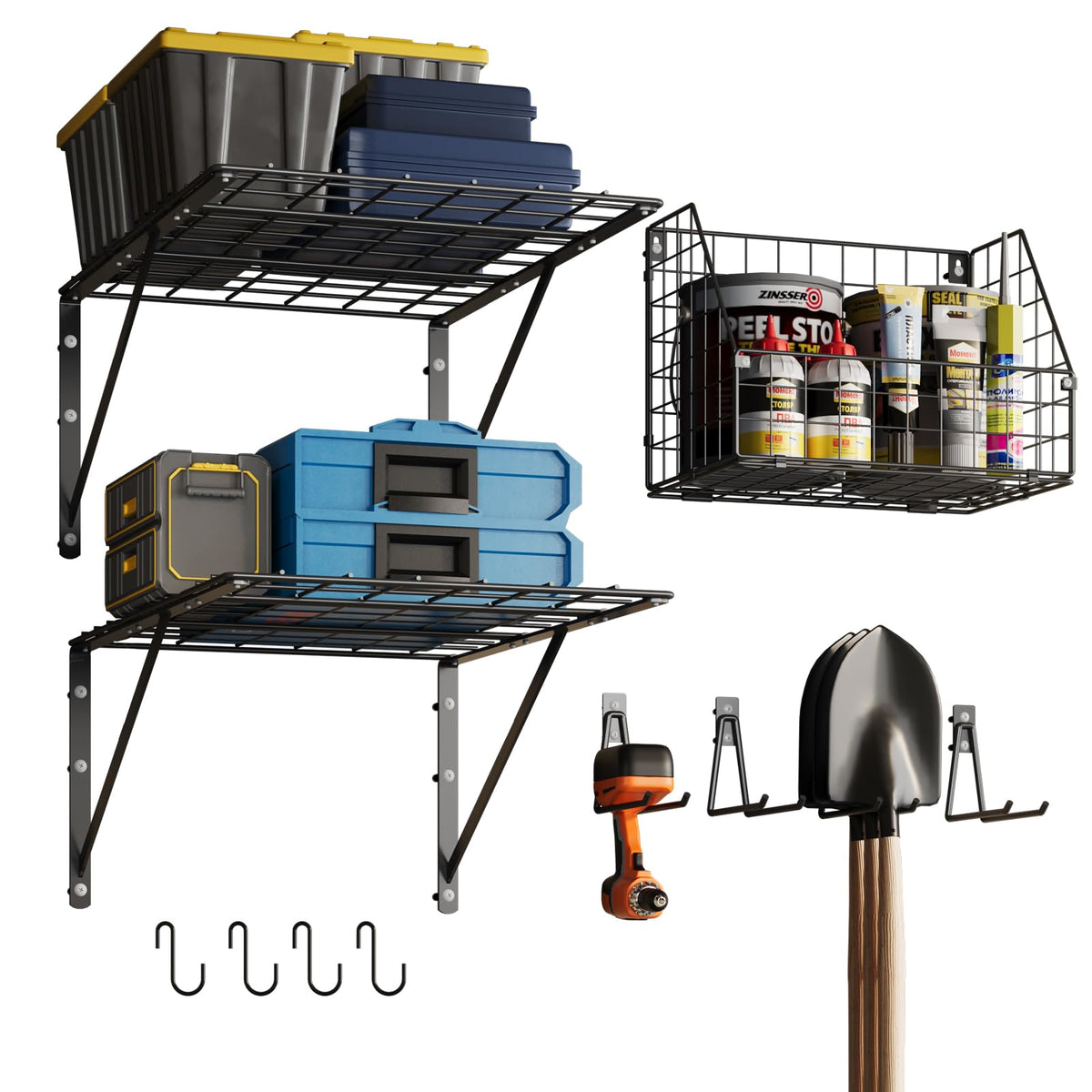 2 Pack Garage Tool Organizer Shelves Wall Mount With Wire Basket, Heavy Duty Garage Wall Shelving With 4 Wall Hangers, Wire Shel