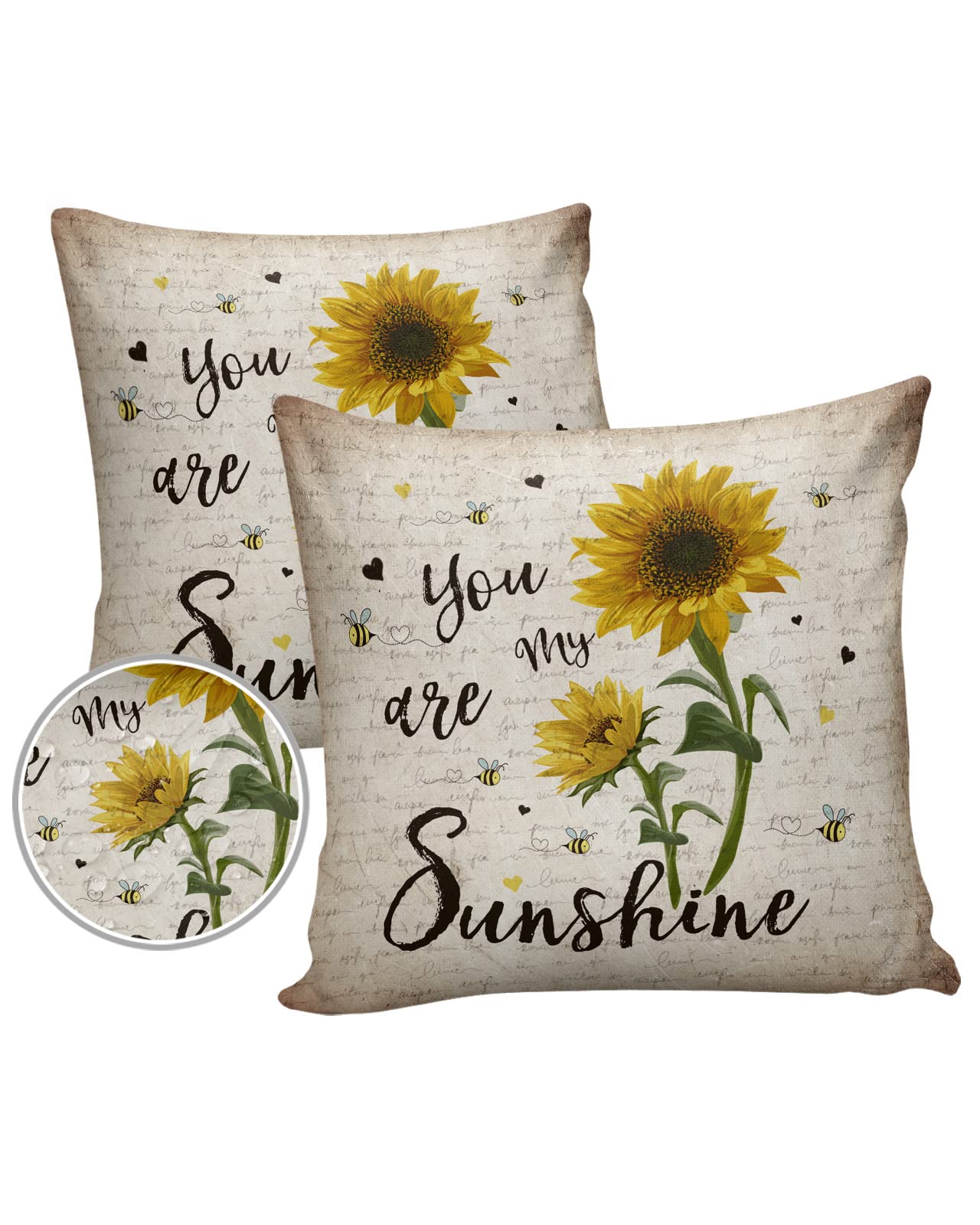 Farmhouse Outdoor Throw Pillow Cover Vintage Sunflowers Spring Bee Waterproof Cushion Covers 2 Pack Retro Newspaper Sunshine Tex