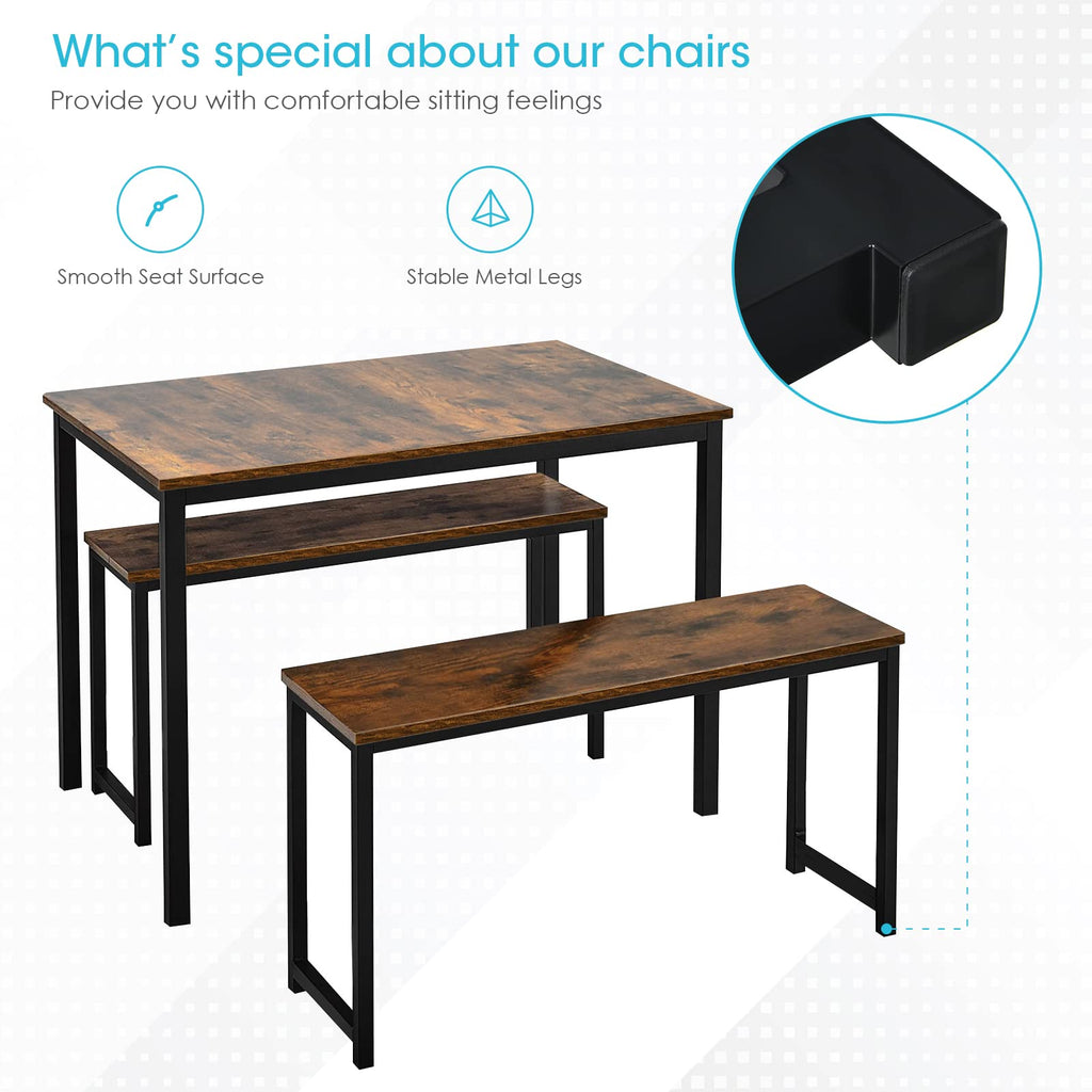 Costway 3 Pcs Dining Table Set For 4, Rectangular Kitchen Table With 2 Benches, Industrial Counter Height Table Set With Anti-Slip Pads, Heavy Duty Steel Frame For Dining Room, Kitchen, Bar (Coffee)