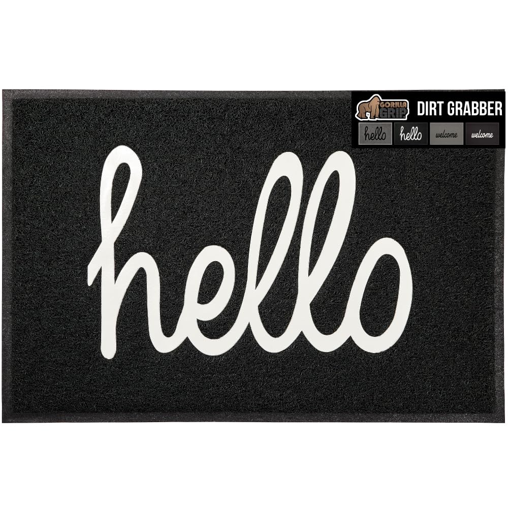 Gorilla Grip 100% Water Resistant All Weather Hello Door Mat, Dirt Grabber Mesh Welcome Doormat, Stain And Fade Resistant, Low Profile Entryway Mats For Home Front Or Back Entrance, 30X17 Black/White