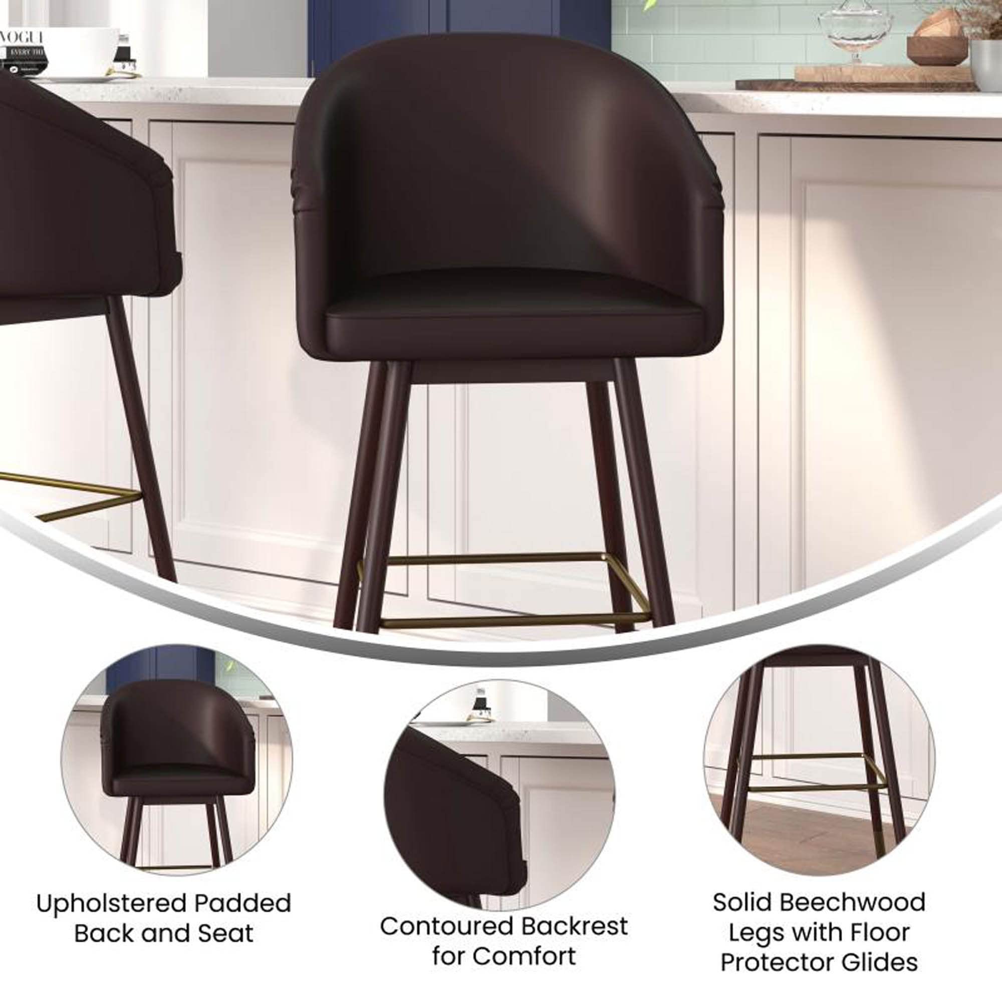 Flash Furniture Margo Commercial Grade Mid-Back Barstool - Brown Leathersoft Upholstery - Walnut Finish Beechwood Legs With Soft Bronze Accents - 30' Bar Stool