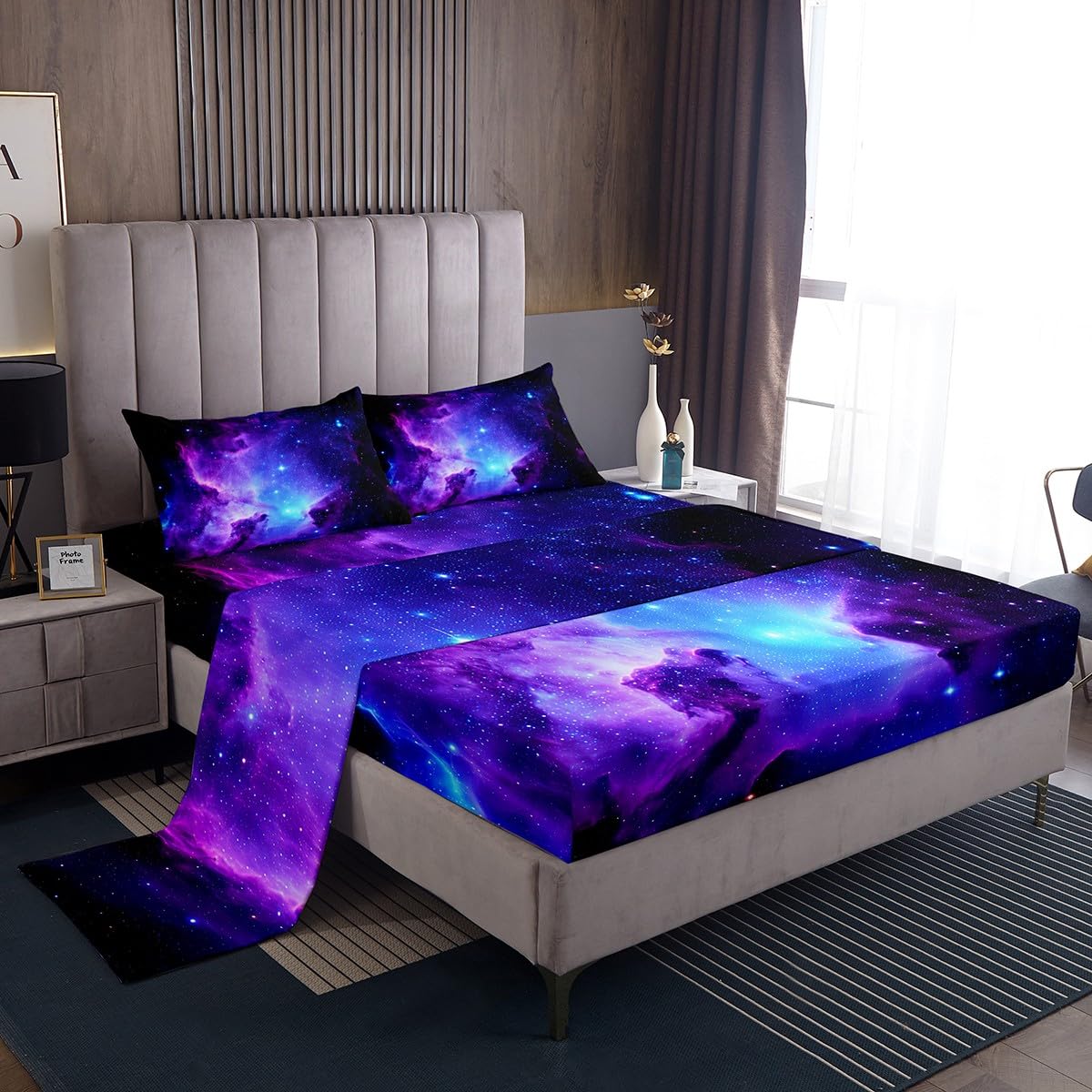 Galaxy Bedding Set Kids Girls Full Bed Sheets Outer Space Universe Starry Sky Sheet Set Teens Women Ultra Soft Purple Stars Decor Deep Pocket Fitted Sheet+ Flat Sheet + Pillow Case
